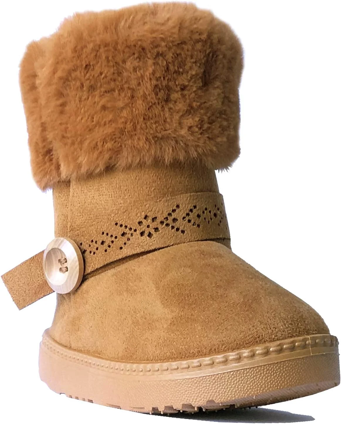 بوت بچگانه دخترانه با دو دکمه زیبا، کفش بافتنی جیر و خز مصنوعی (سایز بچه کوچک 11، شتری 365)