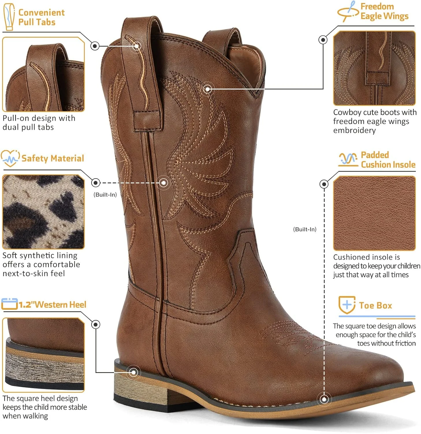 چکمه های کابویی بچگانه Rollda برای پسران و دختران، چکمه های کابویی نوک مربعی غربی با پاشنه مناسب پیاده روی (کودک نوپا/کودک کوچک/کودک بزرگ)