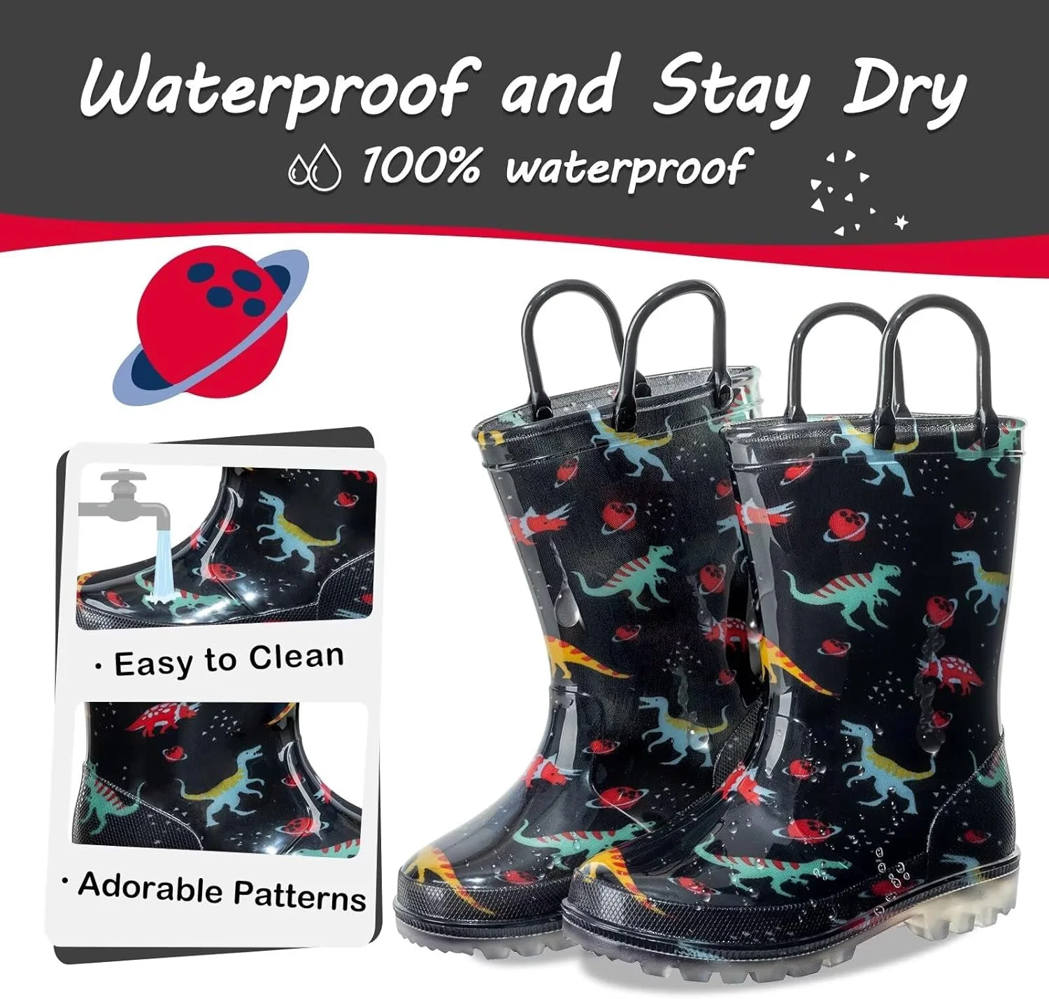 چکمه بارانی کودکانه برای دختران و پسران، کفش بارانی ضد آب با طرح های روشن و چکمه اکلیلی با دسته های آسان پوش