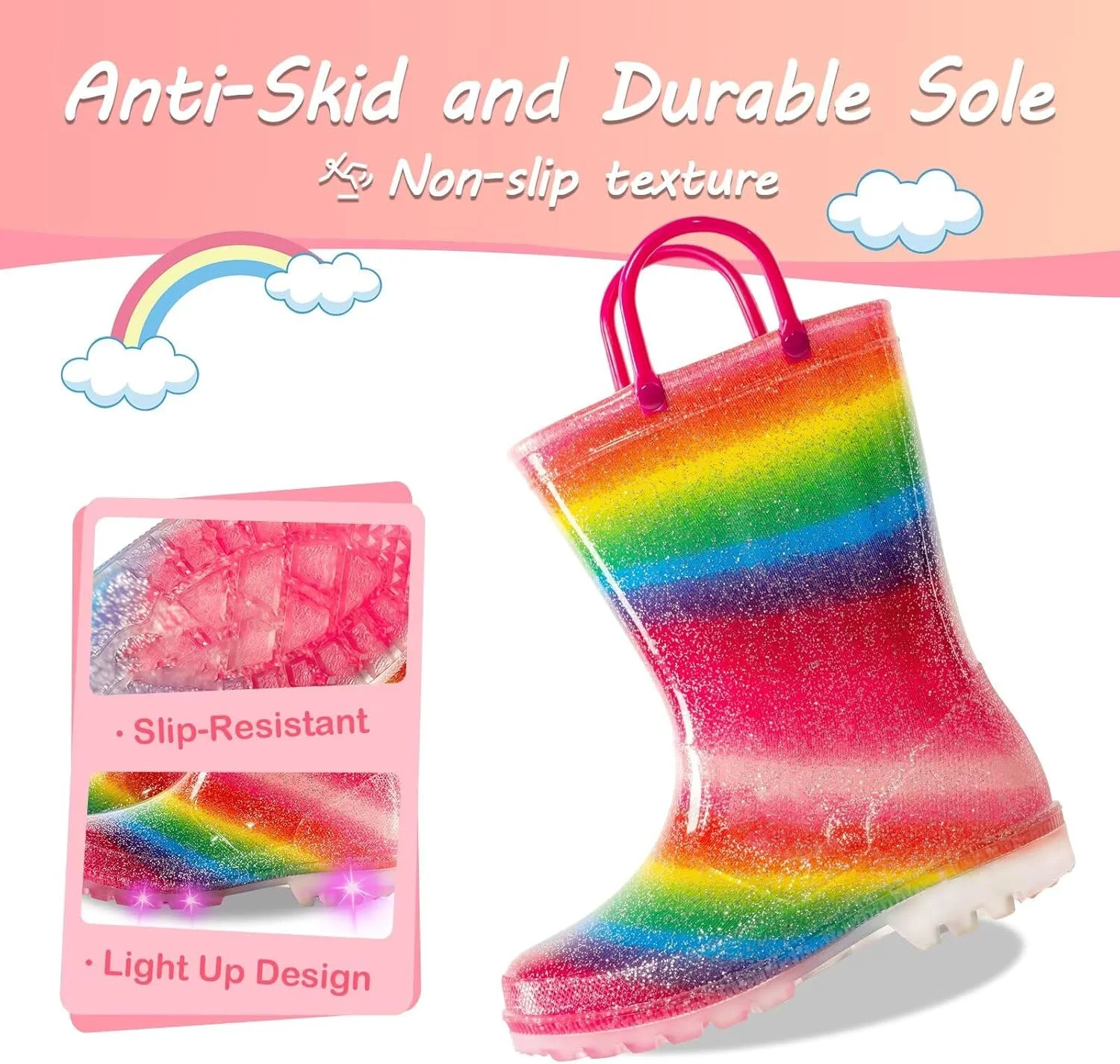 چکمه بارانی بچگانه برای دختران و پسران، کفش بارانی ضد آب چراغ دار با طرح ها و چکمه اکلیلی با دستگیره های آسان