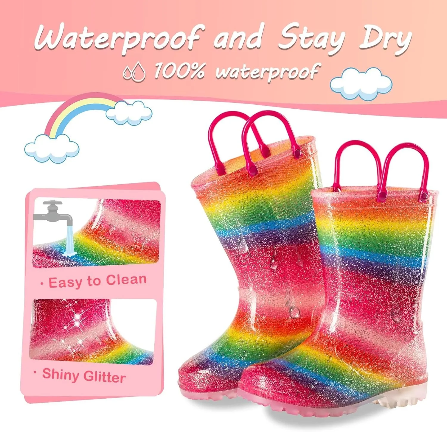 چکمه بارانی بچگانه برای دختران و پسران، کفش بارانی ضد آب چراغ دار با طرح ها و چکمه اکلیلی با دستگیره های آسان