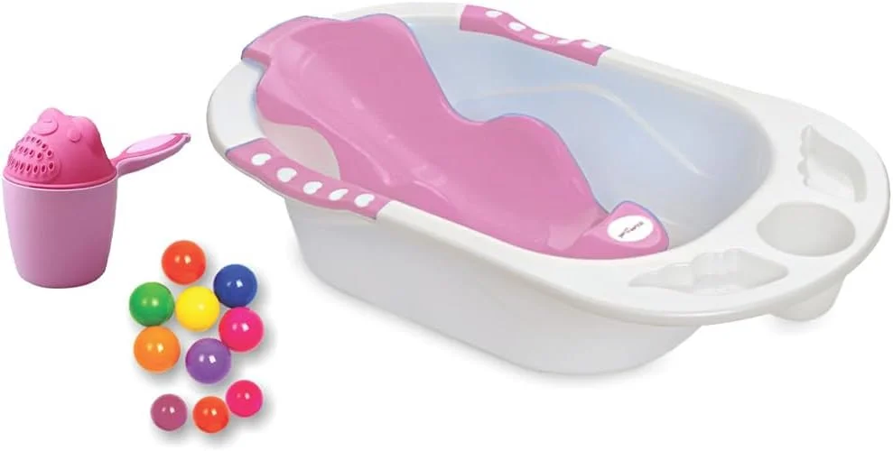 وان حمام کودک بام‌توم | صندلی حمام پلاستیکی ضد لغزش کودک با توپ‌های شناور | لیوان حمام کودک | وان حمام صورتی