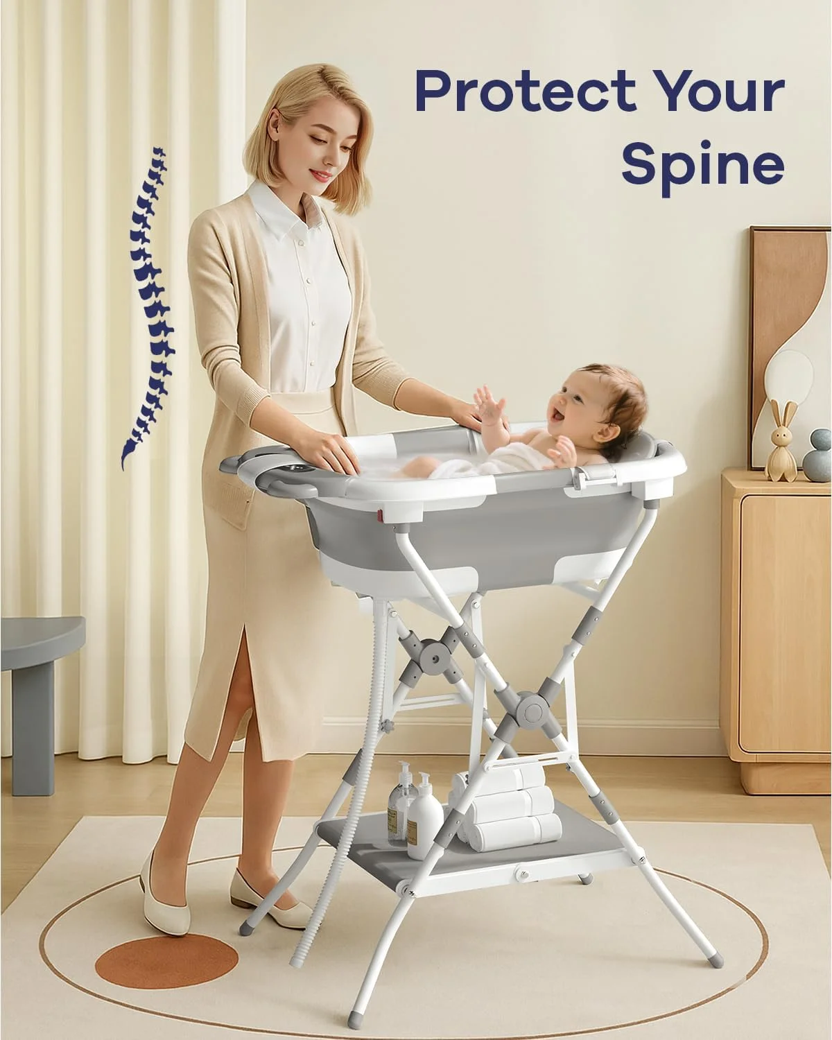 حمام نوزاد 3 در 1 COOSEYA با پایه، وان حمام تاشو برای نوزاد تا کودک نوپا با توری نگهدارنده، طرح خرسی و تاشو برای مسافرت و فضای باز، هدیه حمام نوزاد، 0-18 ماه، خاکستری