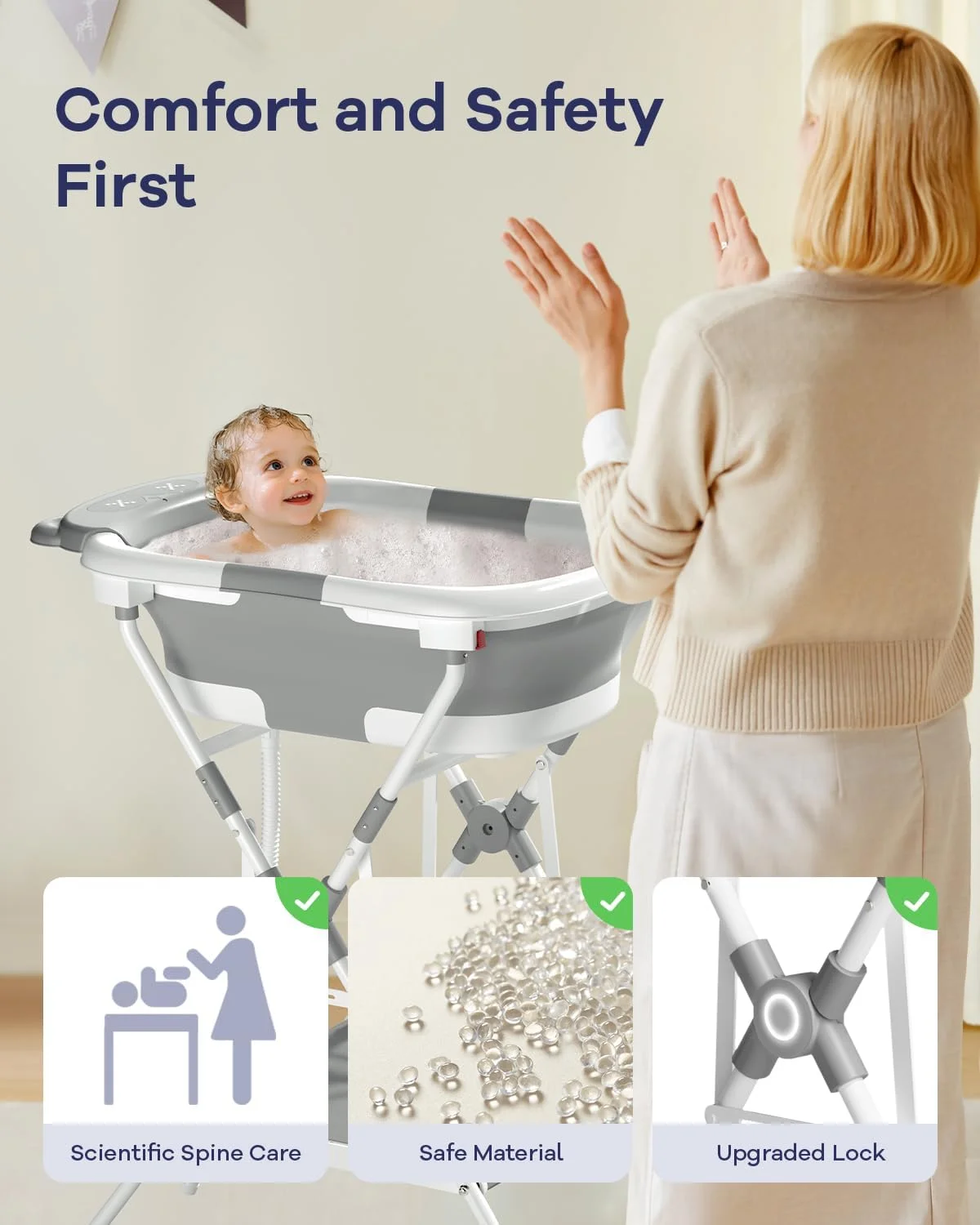 حمام نوزاد 3 در 1 COOSEYA با پایه، وان حمام تاشو برای نوزاد تا کودک نوپا با توری نگهدارنده، طرح خرسی و تاشو برای مسافرت و فضای باز، هدیه حمام نوزاد، 0-18 ماه، خاکستری