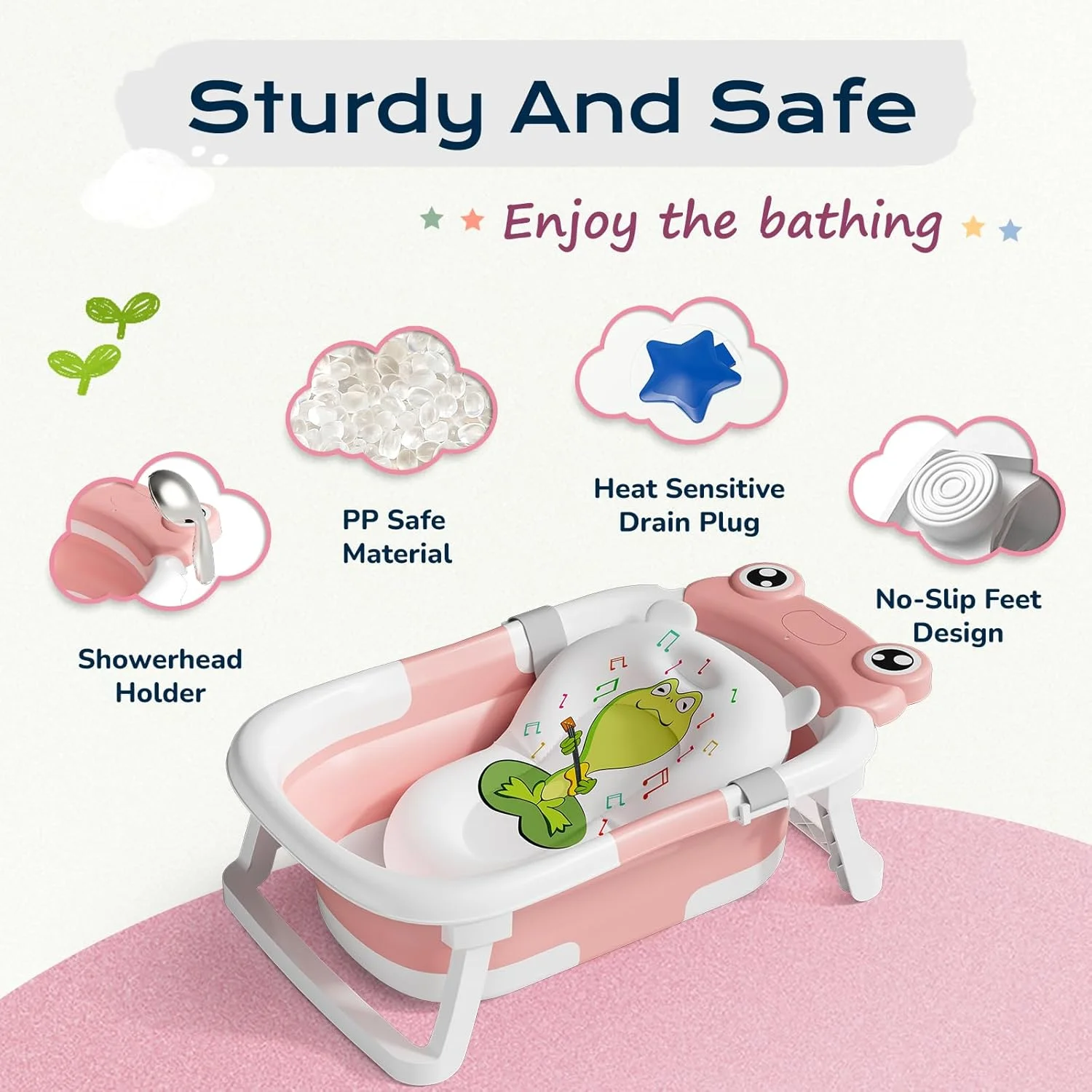 وان حمام تاشو نوزاد کوزیا، مناسب نوزاد تا کودک نوپا، وان حمام تاشو با پایه های ضد لغزش، طراحی مناسب سفر و فضای باز (صورتی)