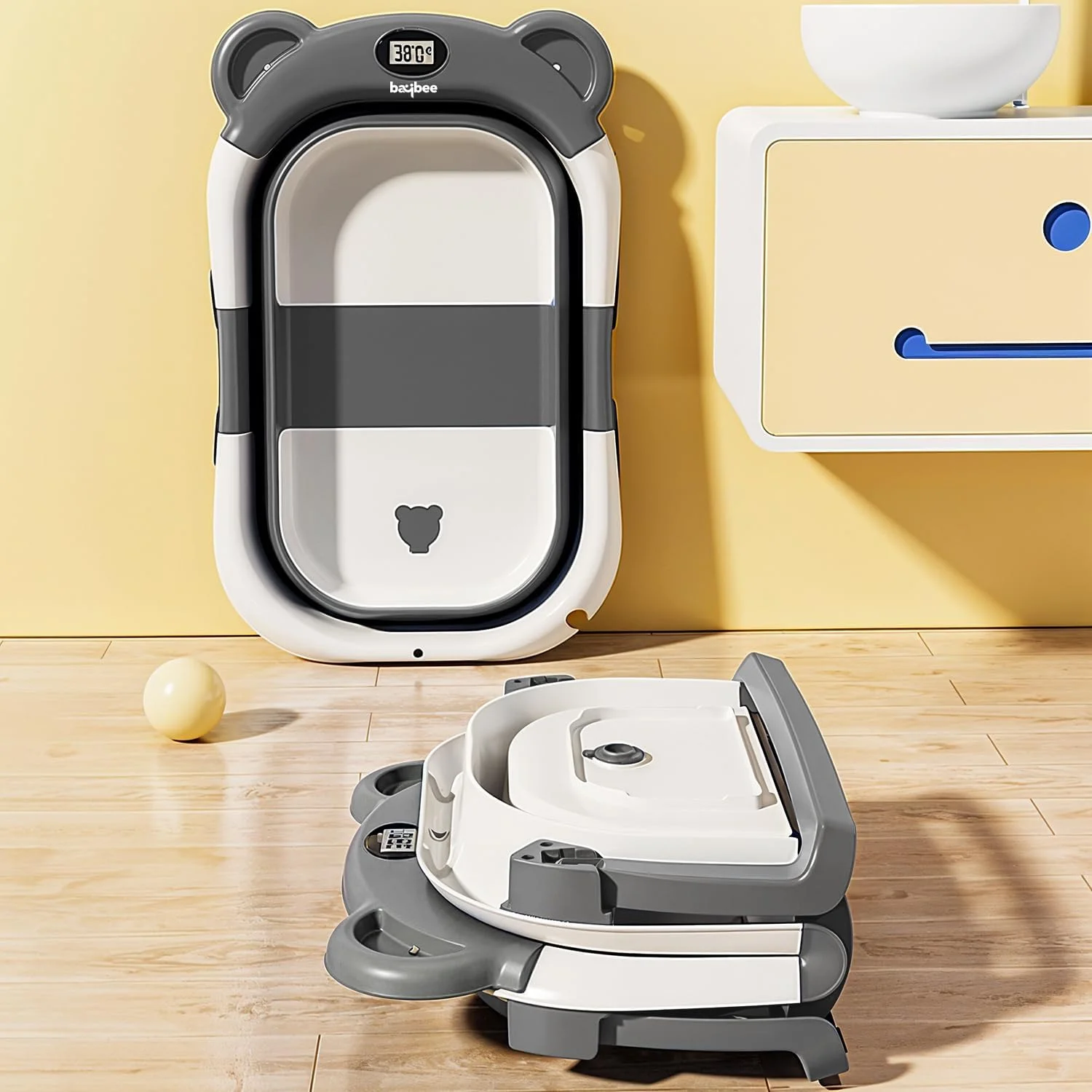 وان حمام تاشو کودک بیبی - وان حمام مسافرتی قابل حمل کودک، استخر شنا کوچک برای نوزادان | وان حمام کودک برای پسران و دختران 0-3 سال - خاکستری