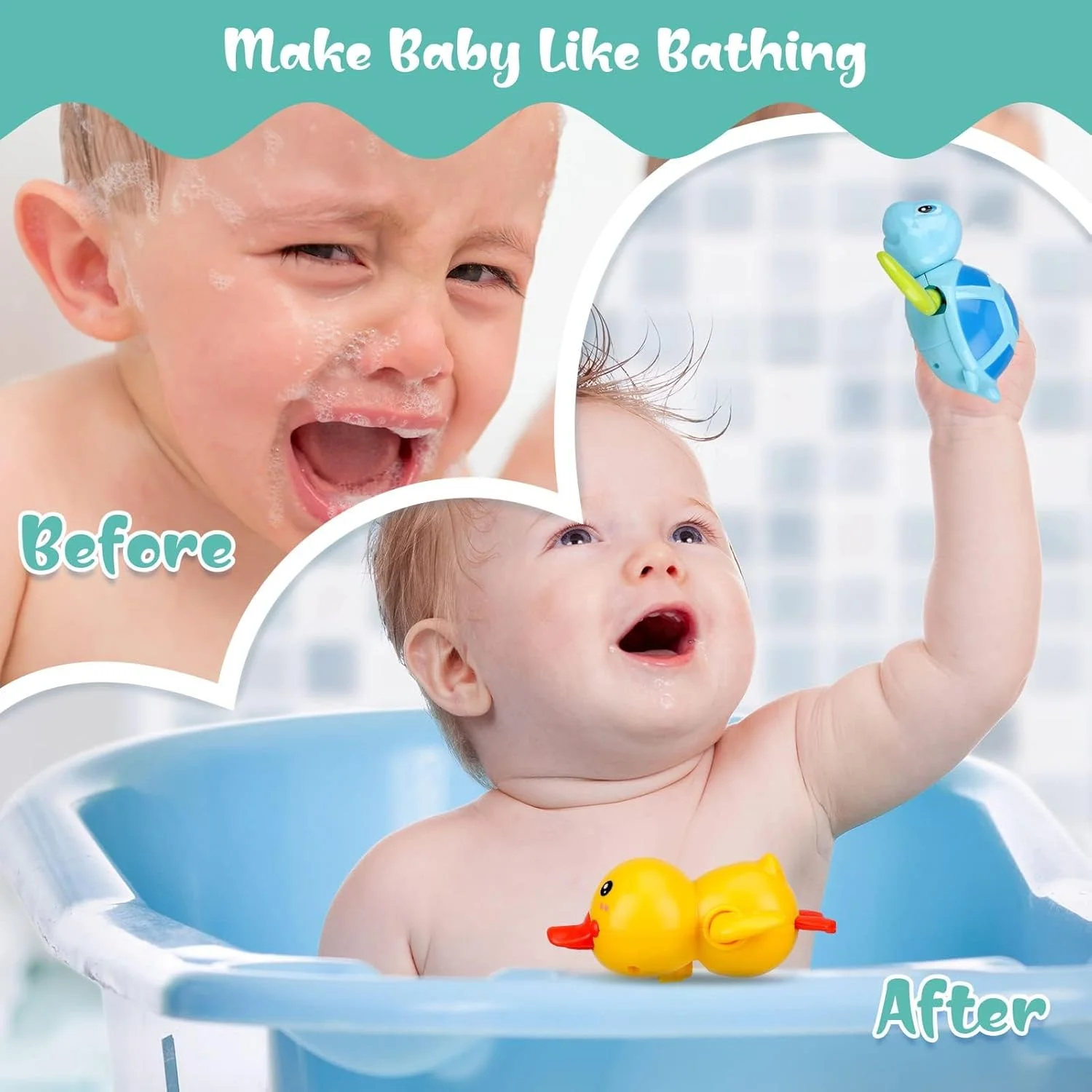 اسباب بازی حمام کودک IKEEP، 4 عدد لاک پشت و اردک کوکی پلاستیکی، آبی، اسباب بازی وان حمام برای کودکان نوپا، 3 سال به بالا