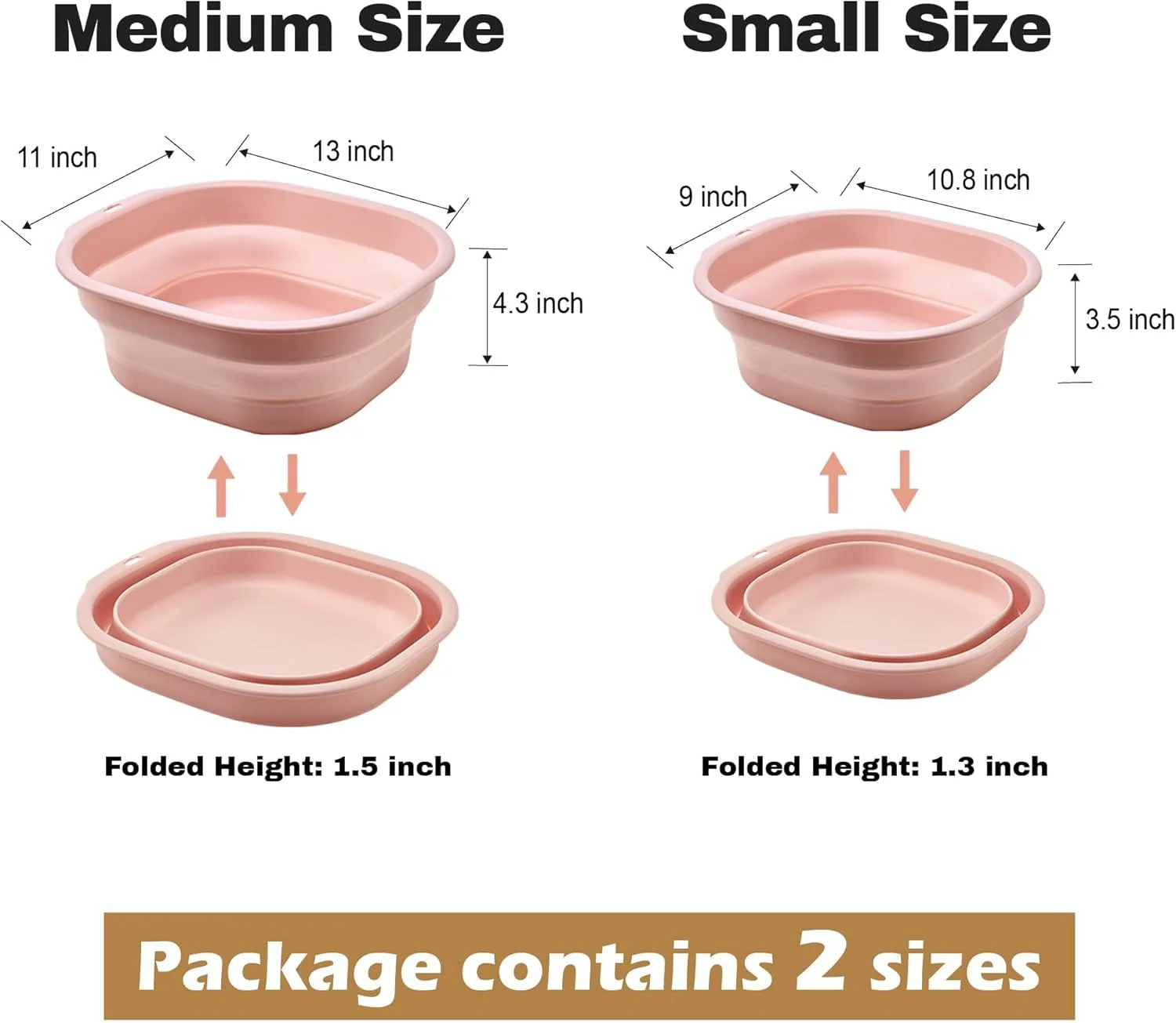 ست لگن تاشو لبو بو، مجموعه 2 عددی، لگن تاشو در اندازه کوچک و متوسط، لگن پلاستیکی قابل حمل برای شستشو، بطری، مسافرت، کمپینگ (صورتی)