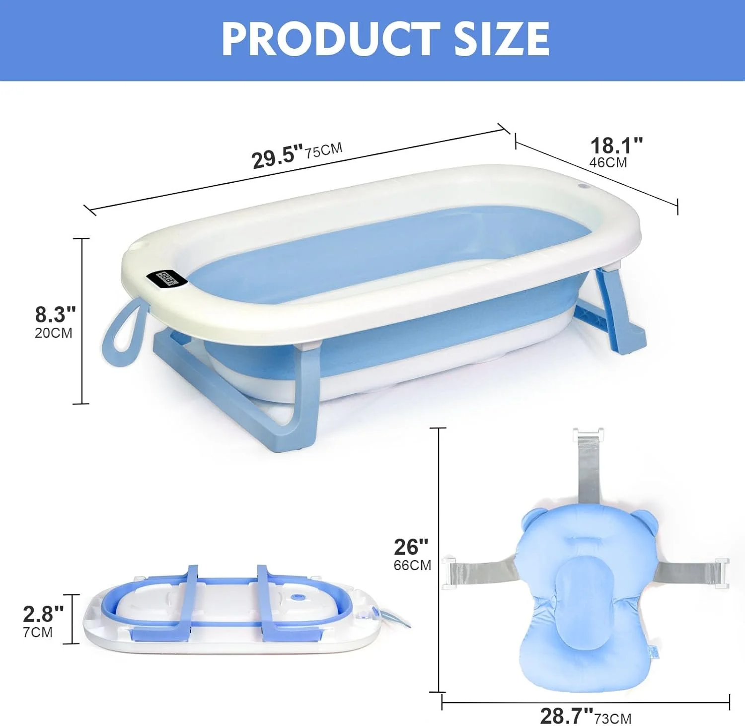 وان تاشو نوزاد SKY-TOUCH با کوسن زیرانداز و دماسنج، وان حمام قابل حمل نوزاد با سوراخ تخلیه، حوضچه دوش با پایه نگهدارنده ضد لغزش برای دختر پسر (آبی)