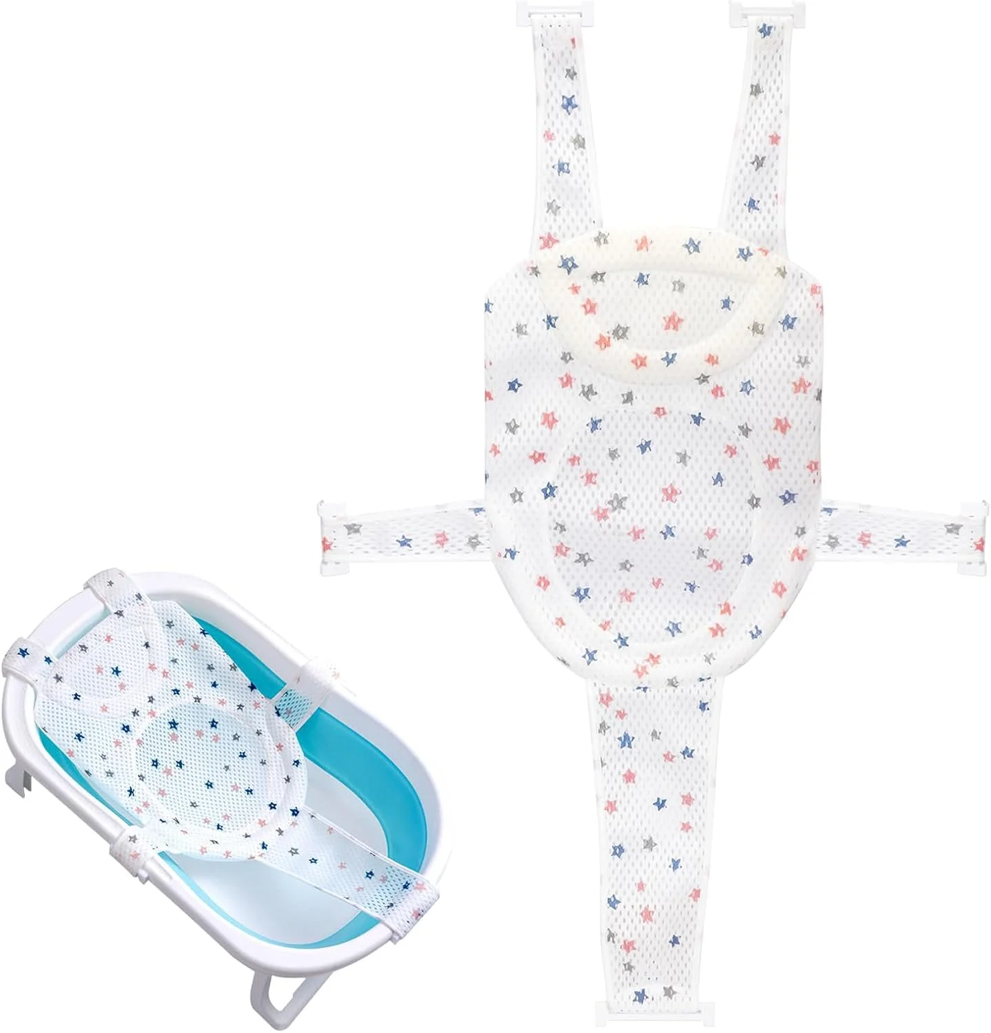 توری نگهدارنده صندلی حمام نوزاد با فنر X، توری نرم آویز حمام نوزاد، توری دوش نوزاد پنج نقطه ای راحت و قابل تنظیم، توری تاشو وان حمام نوزاد برای اکثر وان ها