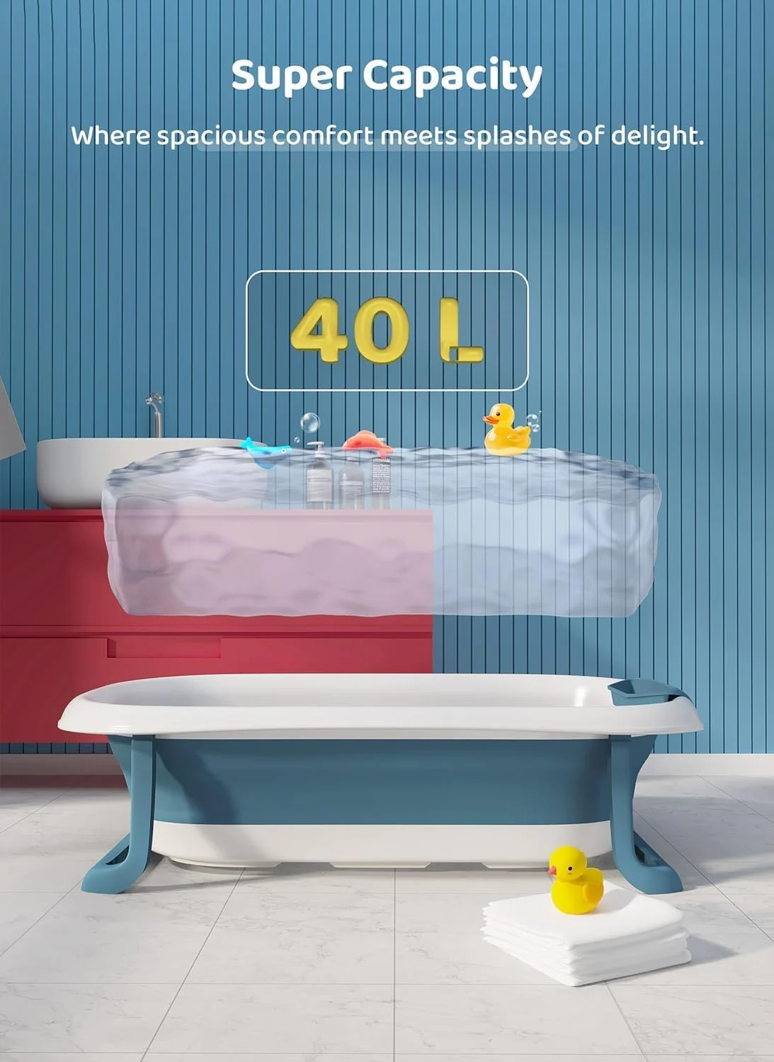 وان حمام کودک استار اند دیزی برای کودکان 0-5 سال / وان حمام تاشو برای کودکان با طراحی صرفه جویی در فضا و کوسن، وان حمام تاشو نوزاد دخترانه و پسرانه با جای صابون، نگهداری آسان (آبی)