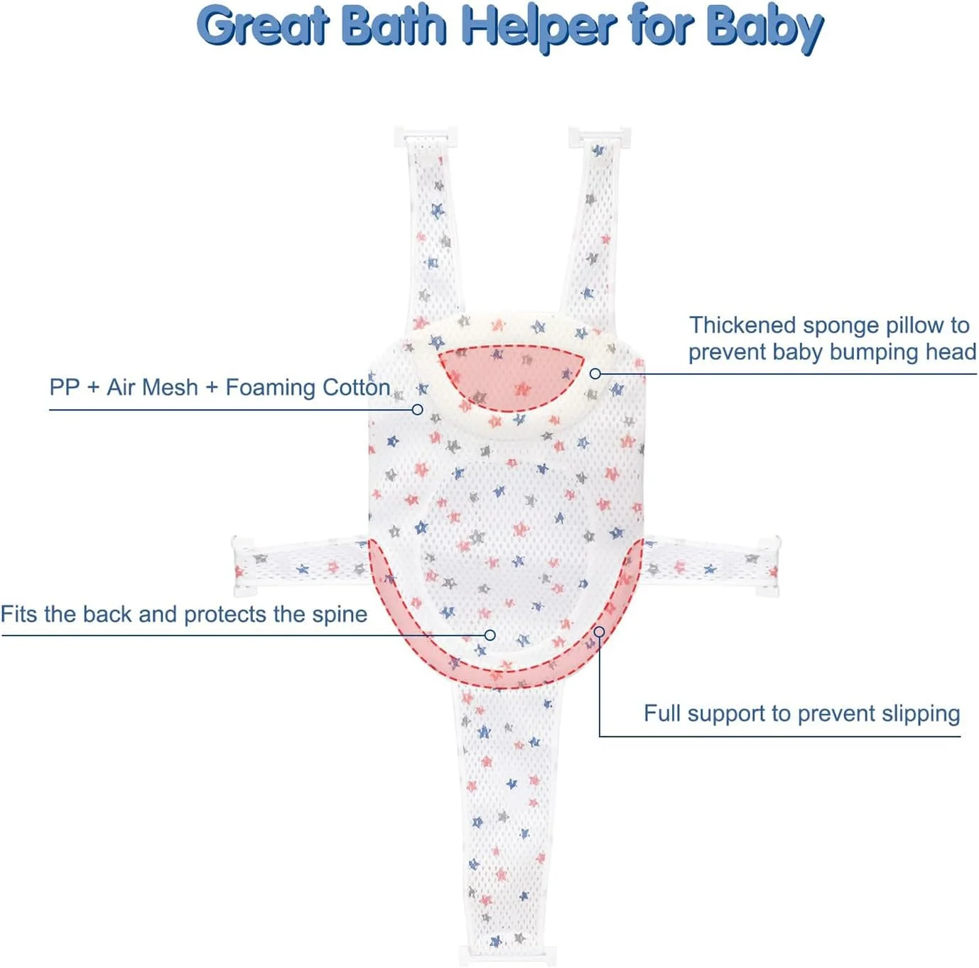 توری نگهدارنده صندلی حمام نوزاد با فنر X، توری نرم آویز حمام نوزاد، توری دوش نوزاد پنج نقطه ای راحت و قابل تنظیم، توری تاشو وان حمام نوزاد برای اکثر وان ها