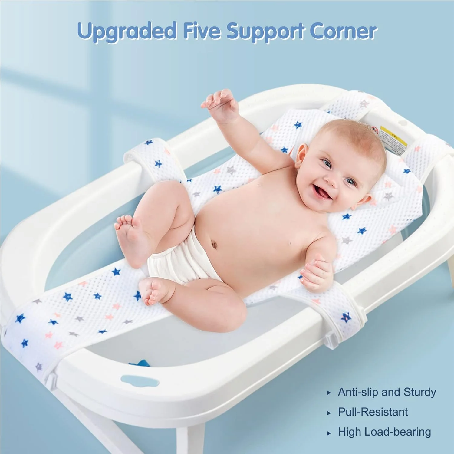 توری نگهدارنده صندلی حمام نوزاد با فنر X، توری نرم آویز حمام نوزاد، توری دوش نوزاد پنج نقطه ای راحت و قابل تنظیم، توری تاشو وان حمام نوزاد برای اکثر وان ها