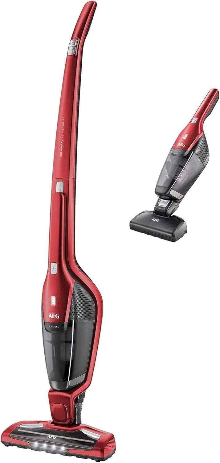 جاروبرقی عصایی بی سیم 2 در 1 AEG Ergorapido CX7-2-45AN، بدون کیسه، نازل موی حیوانات خانگی، تا 45 دقیقه زمان کارکرد، ایستاده، چرخش 180 درجه، عملکرد تمیز کردن برس، چراغ LED، قرمز، انحصاری برای