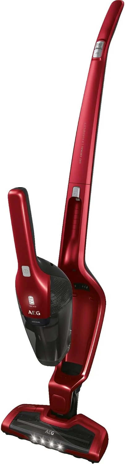 جاروبرقی عصایی بی سیم 2 در 1 AEG Ergorapido CX7-2-45AN، بدون کیسه، نازل موی حیوانات خانگی، تا 45 دقیقه زمان کارکرد، ایستاده، چرخش 180 درجه، عملکرد تمیز کردن برس، چراغ LED، قرمز، انحصاری برای