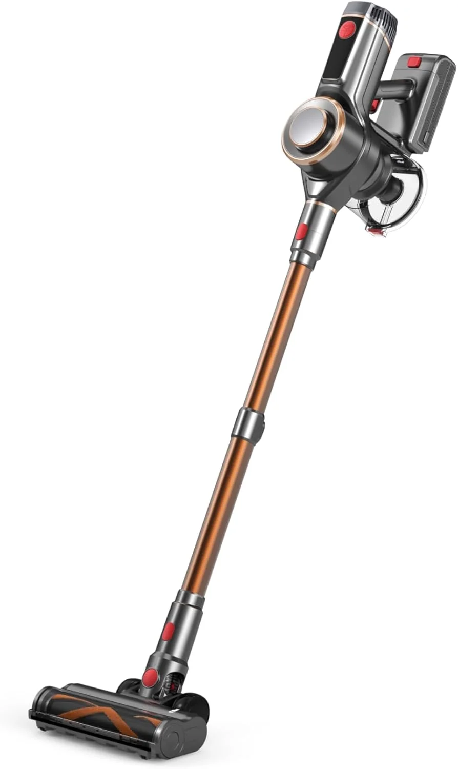 جاروبرقی عصایی شارژی، جاروبرقی سبک وزن 130 واتی با باتری 2500 میلی آمپر ساعتی قابل جابجایی، زمان کارکرد 40+ دقیقه، فیلتراسیون 4 لایه HEPA، صفحه نمایش LED هوشمند و پایه دیواری (قهوه ای)