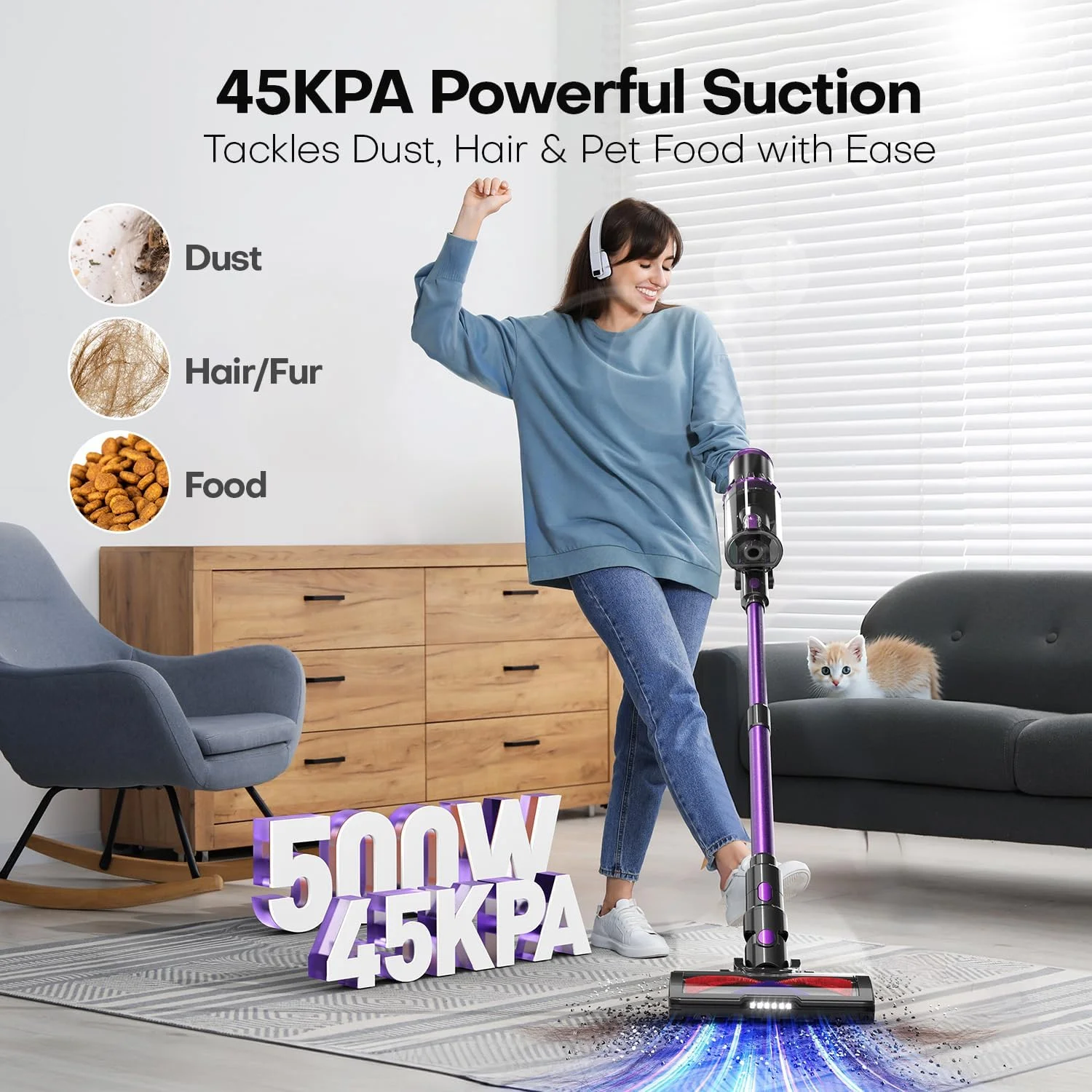 جاروبرقی باتری دار AROEVE، 500 وات/45 کیلو پاسکال/60 دقیقه جاروبرقی بی سیم با صفحه نمایش هوشمند LED، حالت اتوماتیک، سیستم فیلتر 7 مرحله ای، موتور بدون جاروبک، غلطک ضد زاویه V برای موی حیوانات خانگی، فرش