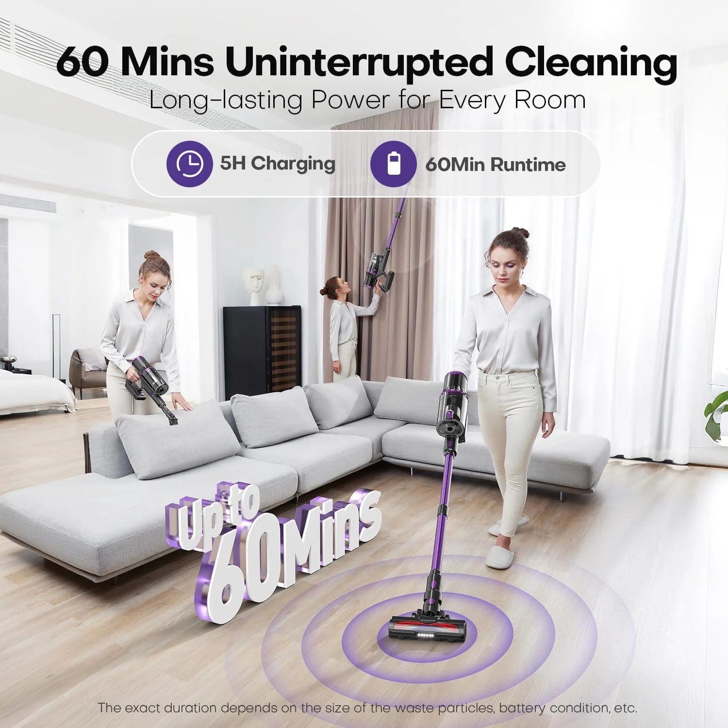 جاروبرقی باتری دار AROEVE، 500 وات/45 کیلو پاسکال/60 دقیقه جاروبرقی بی سیم با صفحه نمایش هوشمند LED، حالت اتوماتیک، سیستم فیلتر 7 مرحله ای، موتور بدون جاروبک، غلطک ضد زاویه V برای موی حیوانات خانگی، فرش