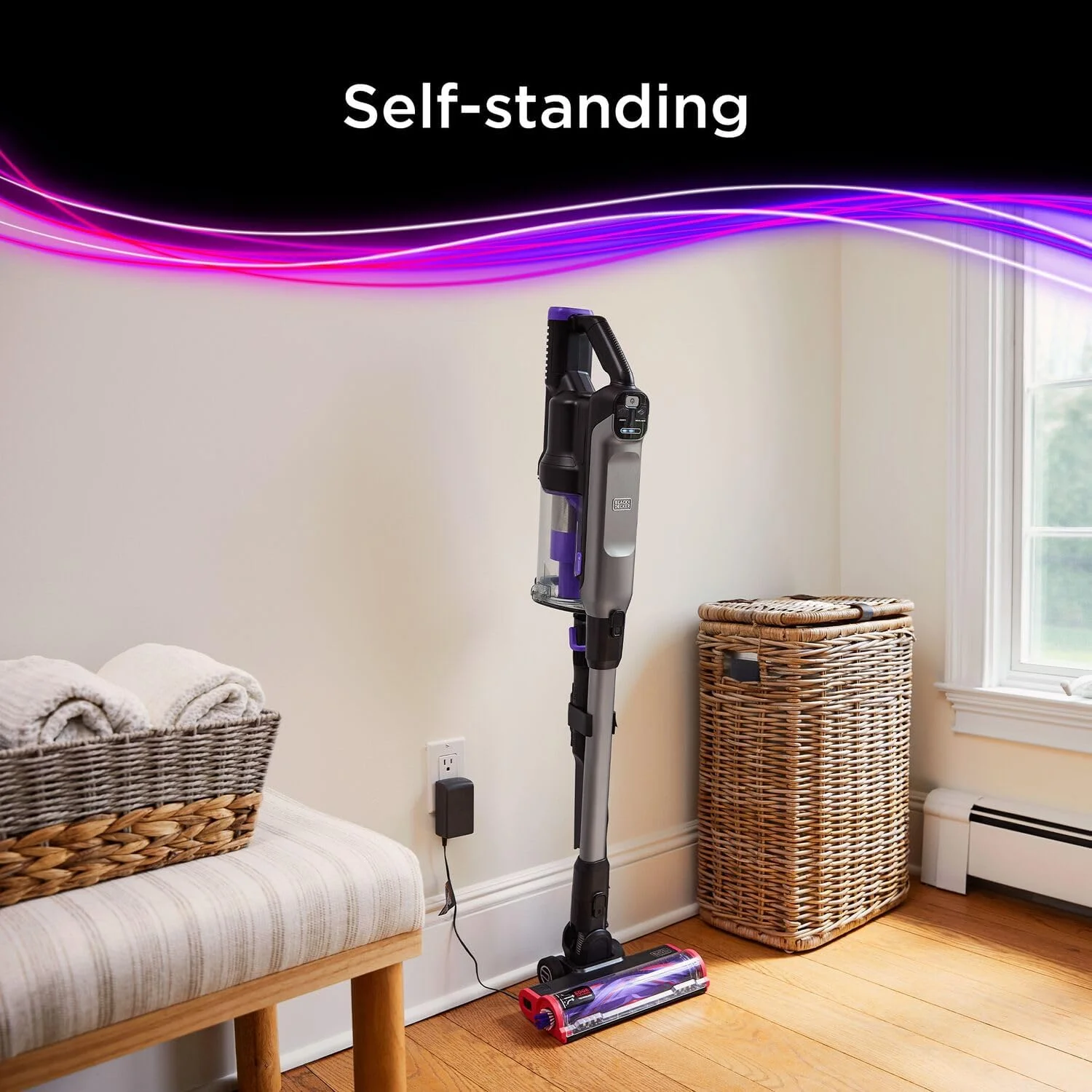 جاروبرقی عصایی شارژی بلک اند دکر، موتور دیجیتال، 21.6 ولت/86 وات، بدون افت مکش، سیستم فیلتر دوگانه، برس مخصوص موی حیوانات خانگی، تبدیل به جاروبرقی دستی، سری Summit - خاکستری/بنفش، BHFEA640WP-GB