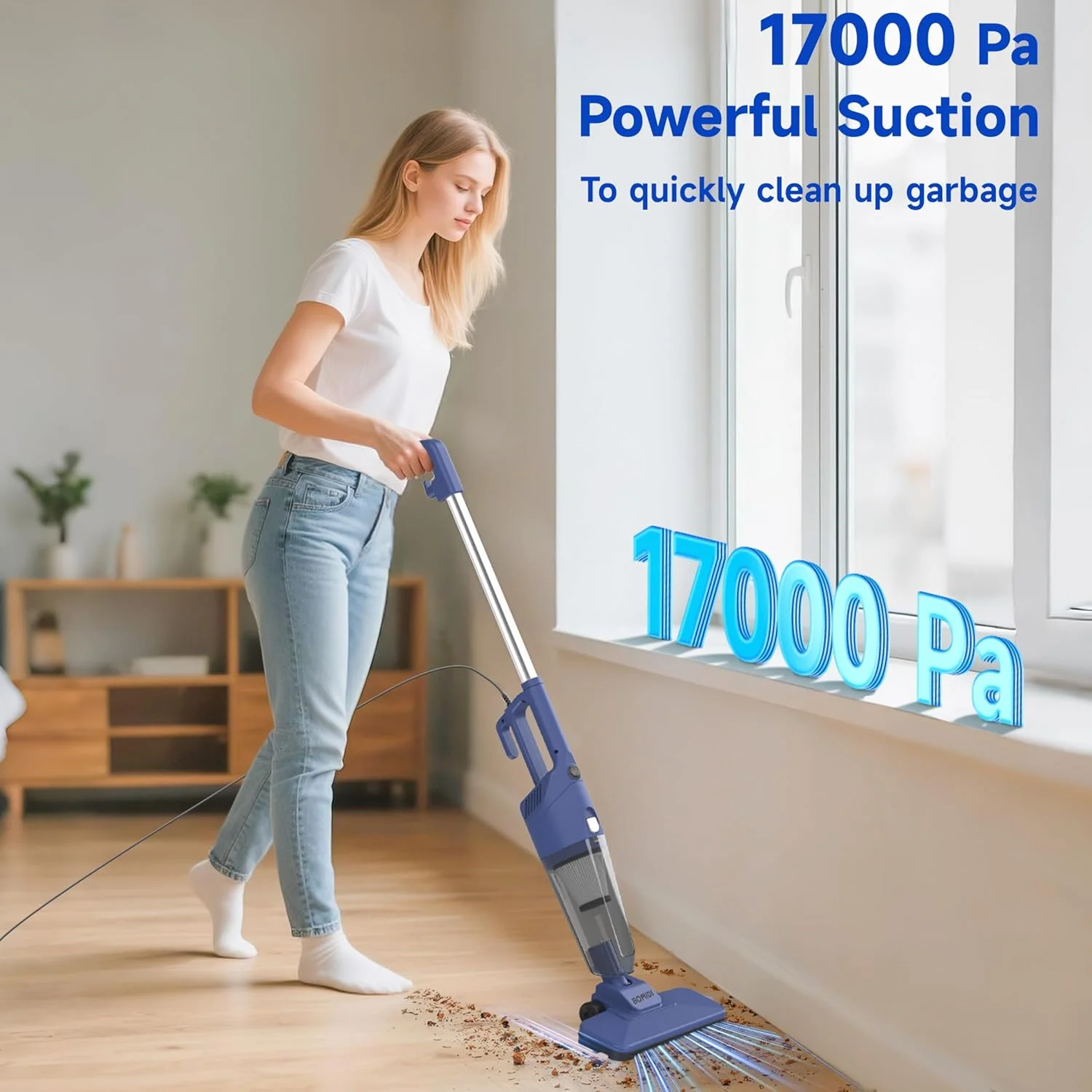 جاروبرقی دستی فوق العاده قوی BOMIDI 17000Pa با مخزن گرد و غبار 900 میلی لیتری، مکش بی صدا، کابل 5 متری و فیلتر قابل شستشو - ایده آل برای کف چوبی، فرش، کاشی - آبی