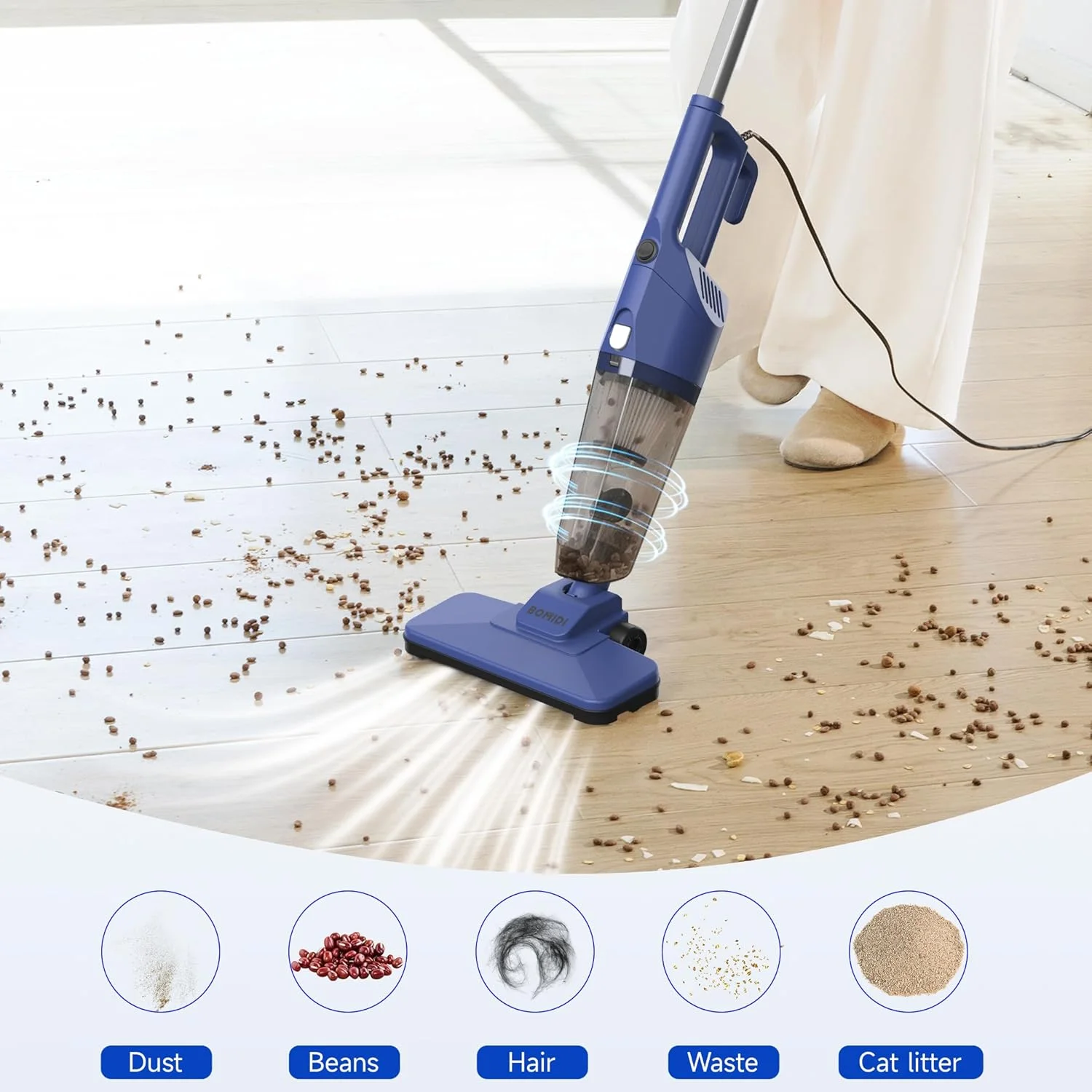جاروبرقی دستی فوق العاده قوی BOMIDI 17000Pa با مخزن گرد و غبار 900 میلی لیتری، مکش بی صدا، کابل 5 متری و فیلتر قابل شستشو - ایده آل برای کف چوبی، فرش، کاشی - آبی