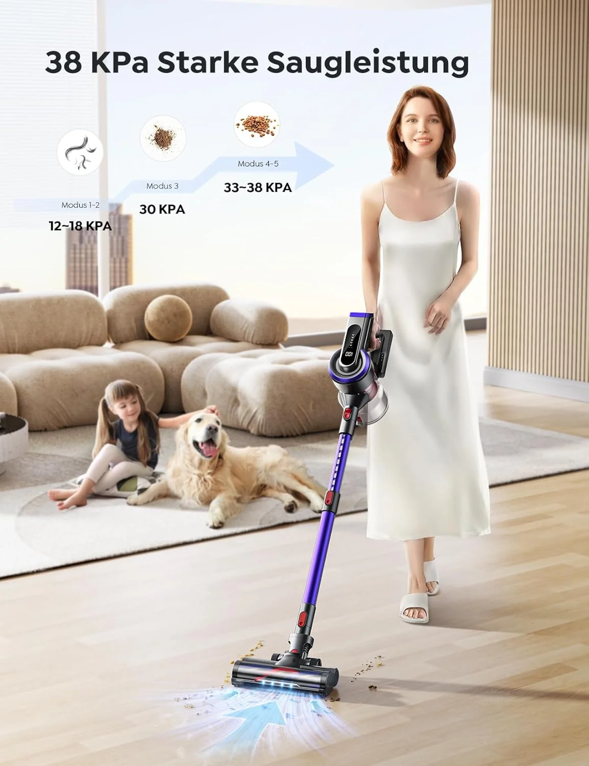 جاروبرقی شارژی باتور پرو JR400، قدرت مکش 38000 پاسکال/450 وات، تا 55 دقیقه کارکرد، دارای صفحه نمایش لمسی، برس برقی LED، مناسب برای سطوح سخت، فرش، موی حیوانات خانگی