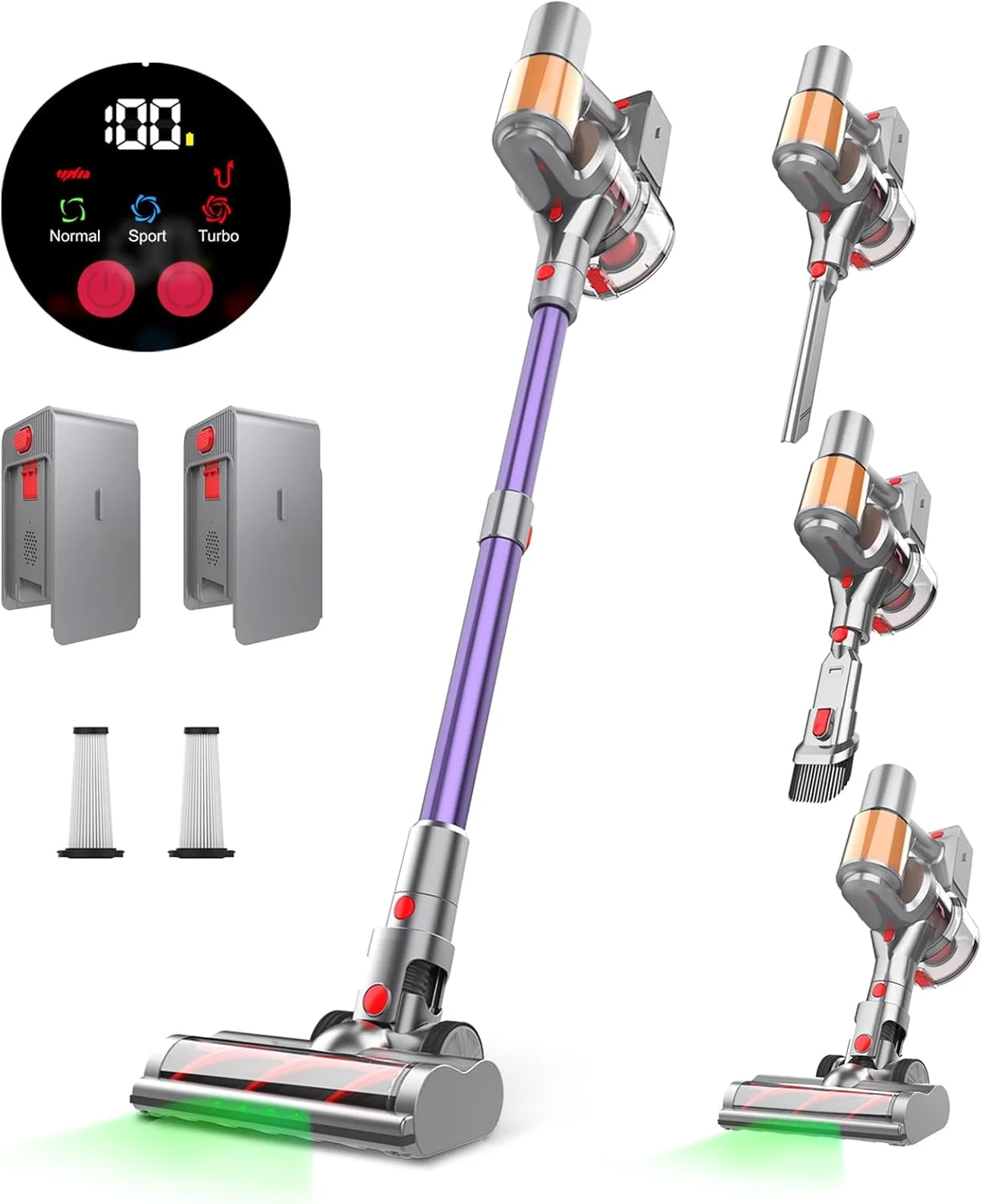 جاروبرقی شارژی، 2 باتری با 120 دقیقه زمان کارکرد، جاروبرقی عصایی 550 واتی با قدرت مکش 45KPA، دارای قابلیت ایستادن خودکار، برس ضد گره، نمایشگر LED، مناسب برای کف چوبی، فرش و موی حیوانات خانگی (بنفش)