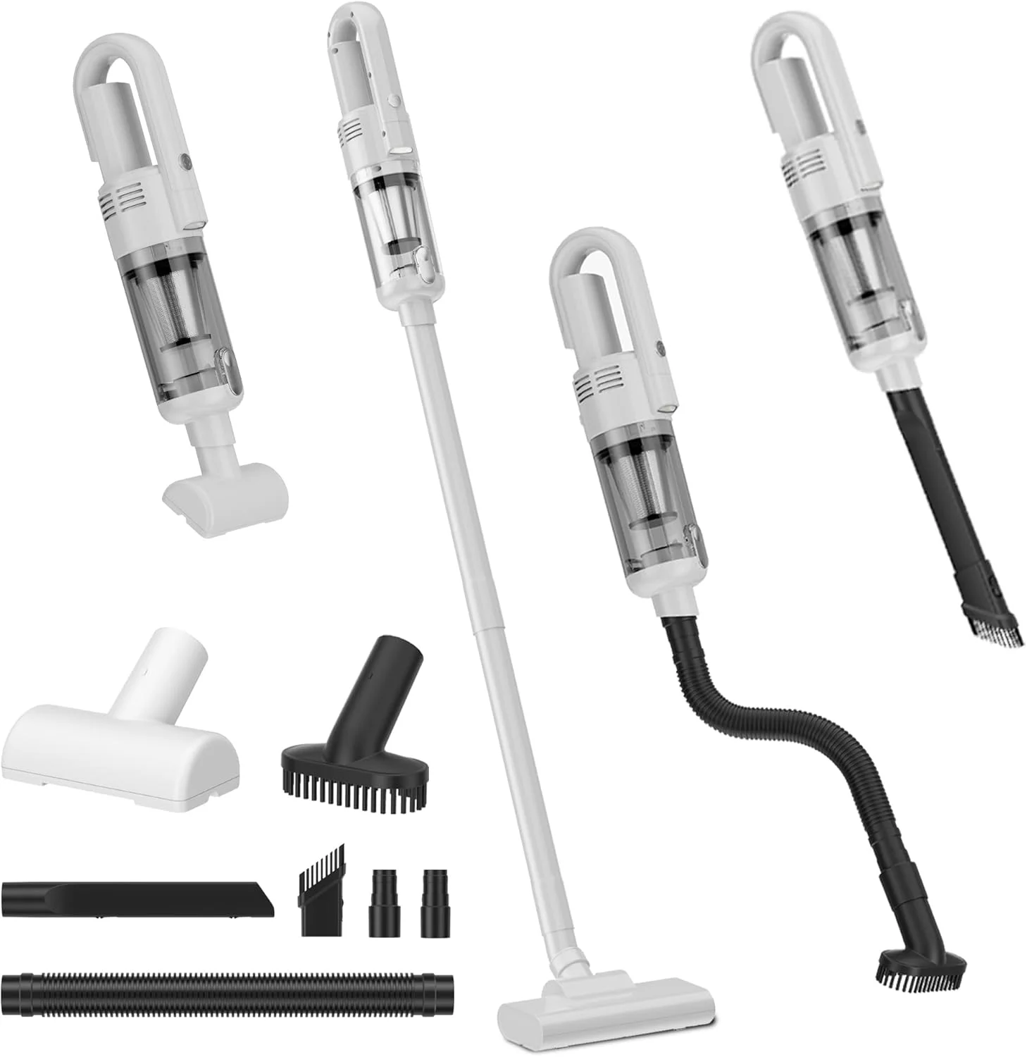 جاروبرقی شارژی قدرتمند - 6000pa، باتری 4000mAh، عمر باتری 17 دقیقه، فوق سبک، فیلتر HEPA، مخزن، شارژ سریع Type-C، لوازم جانبی متعدد برای خانه و ماشین (سفید)