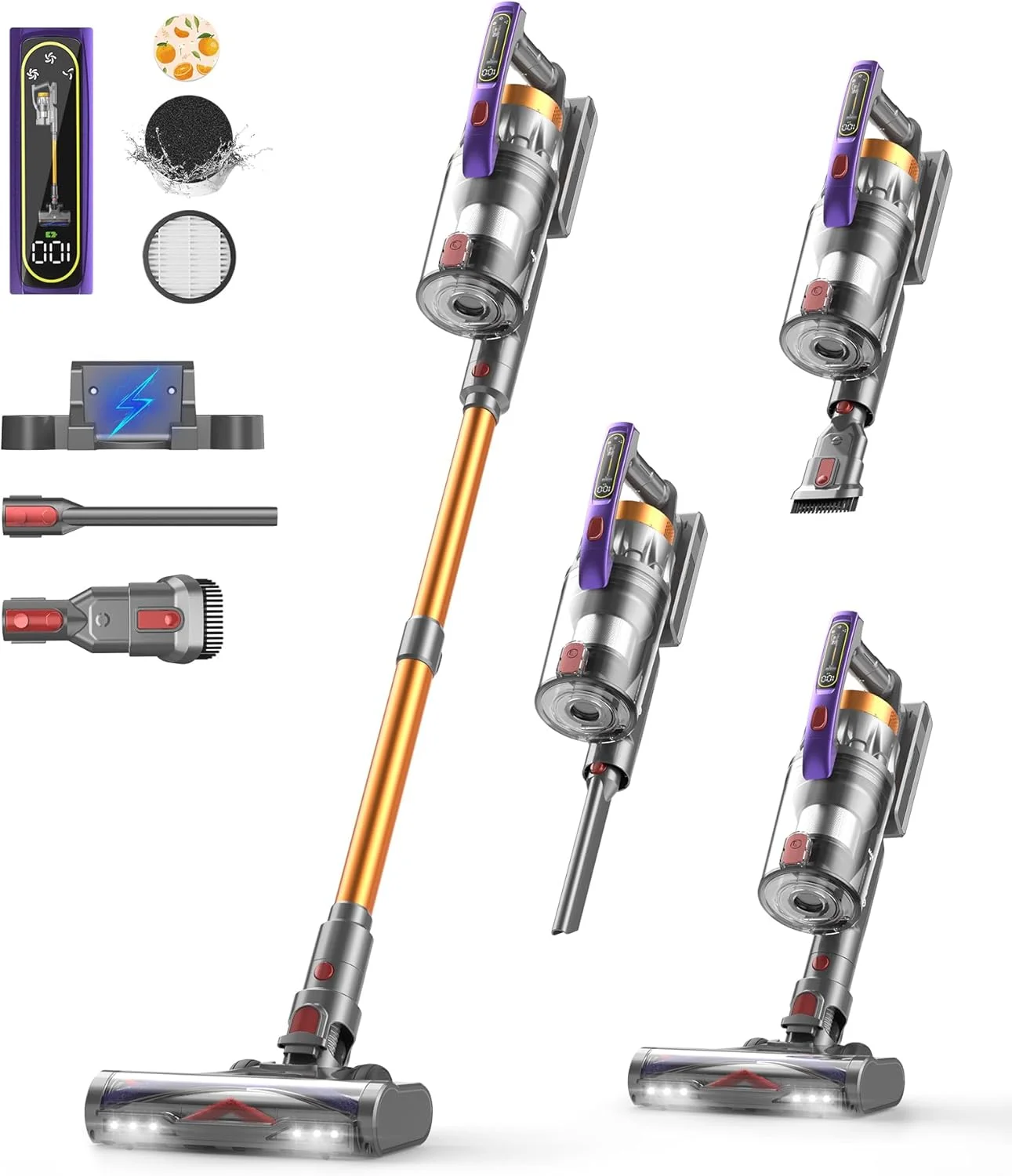 جاروبرقی شارژی CHEBIO، 550 وات/45000 پاسکال/70 دقیقه، جاروبرقی بی سیم، جاروبرقی عصایی ایستاده با صفحه نمایش LED و شارژ روی دیوار، جاروبرقی بدون گره خوردگی برای کف/فرش/موهای حیوانات خانگی