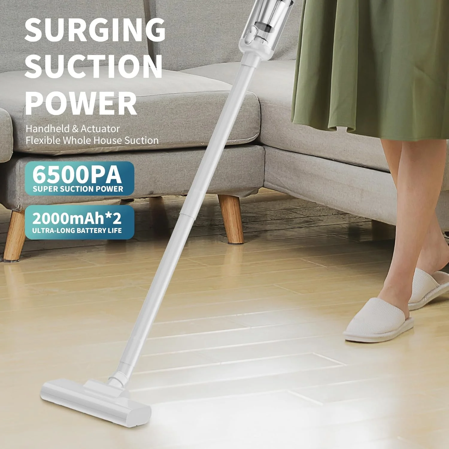 جاروبرقی شارژی قدرتمند - 6000pa، باتری 4000mAh، عمر باتری 17 دقیقه، فوق سبک، فیلتر HEPA، مخزن، شارژ سریع Type-C، لوازم جانبی متعدد برای خانه و ماشین (سفید)
