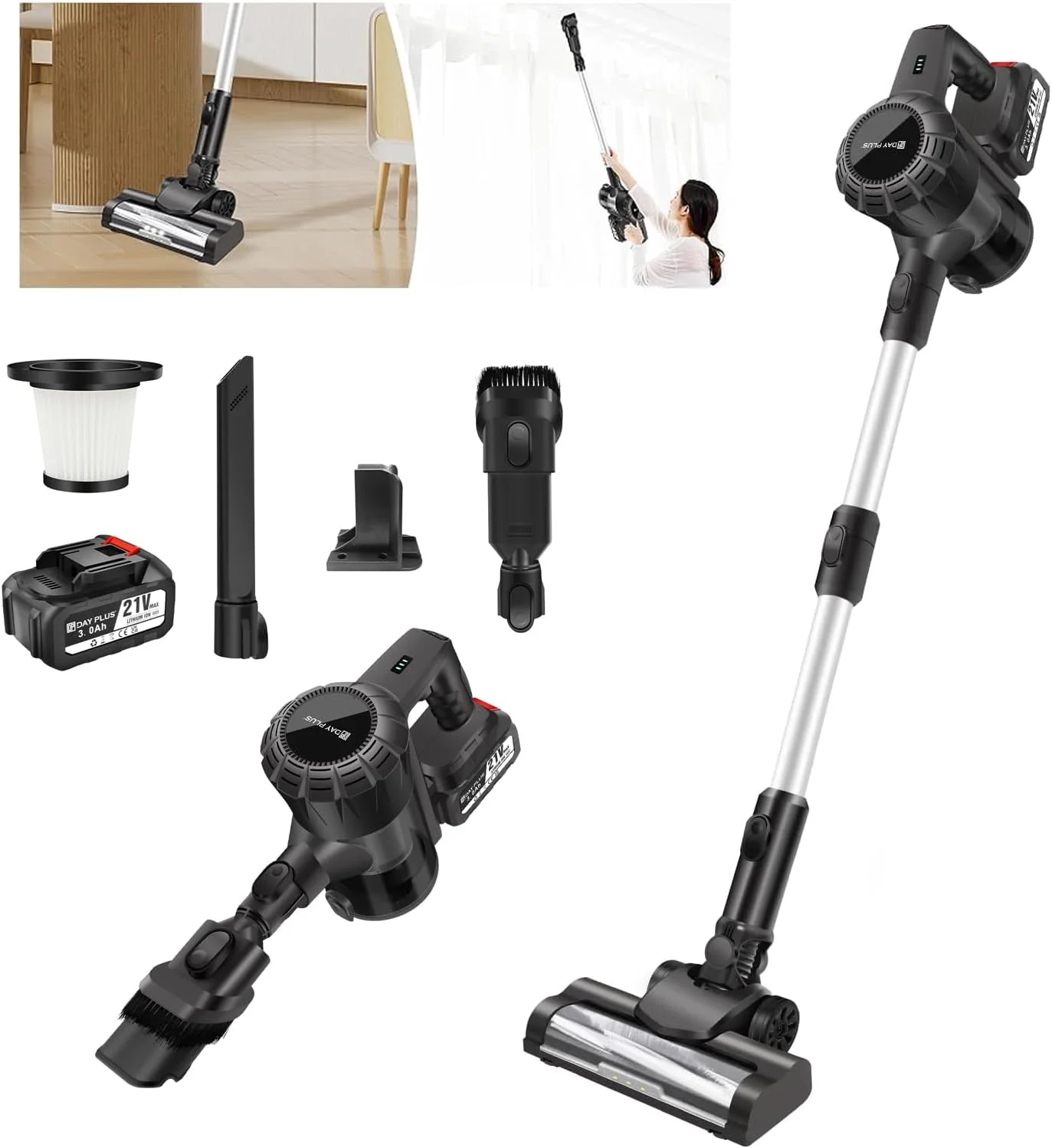 جاروبرقی شارژی، جاروبرقی عصایی دیواری 15KPA مناسب حیوانات خانگی با برس بدون گره خوردگی، باتری 3000 میلی آمپر ساعتی، تا 45 دقیقه زمان کارکرد، برای تمام سطوح کف سخت، فرش و موی حیوانات خانگی