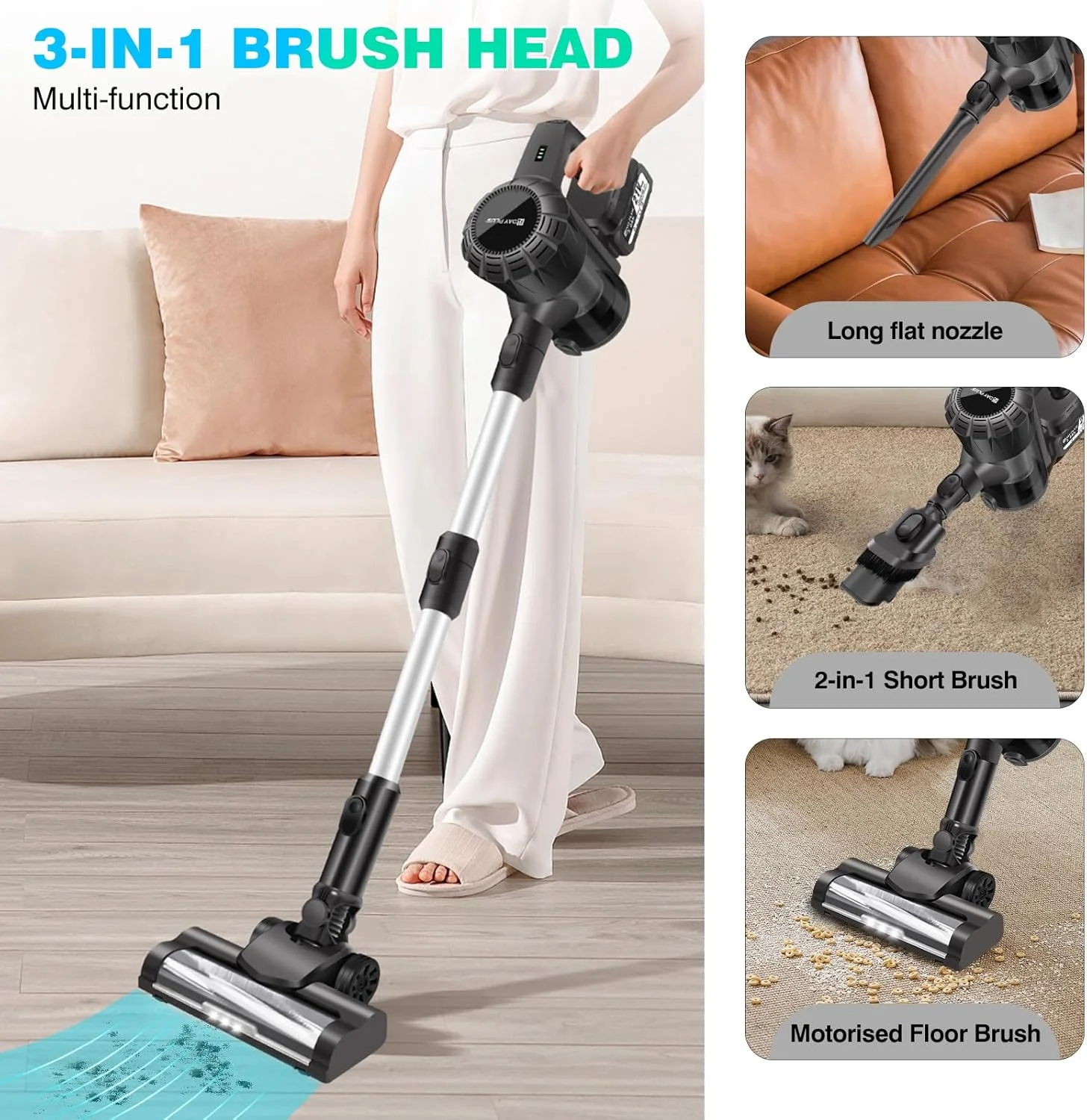 جاروبرقی شارژی، جاروبرقی عصایی دیواری 15KPA مناسب حیوانات خانگی با برس بدون گره خوردگی، باتری 3000 میلی آمپر ساعتی، تا 45 دقیقه زمان کارکرد، برای تمام سطوح کف سخت، فرش و موی حیوانات خانگی