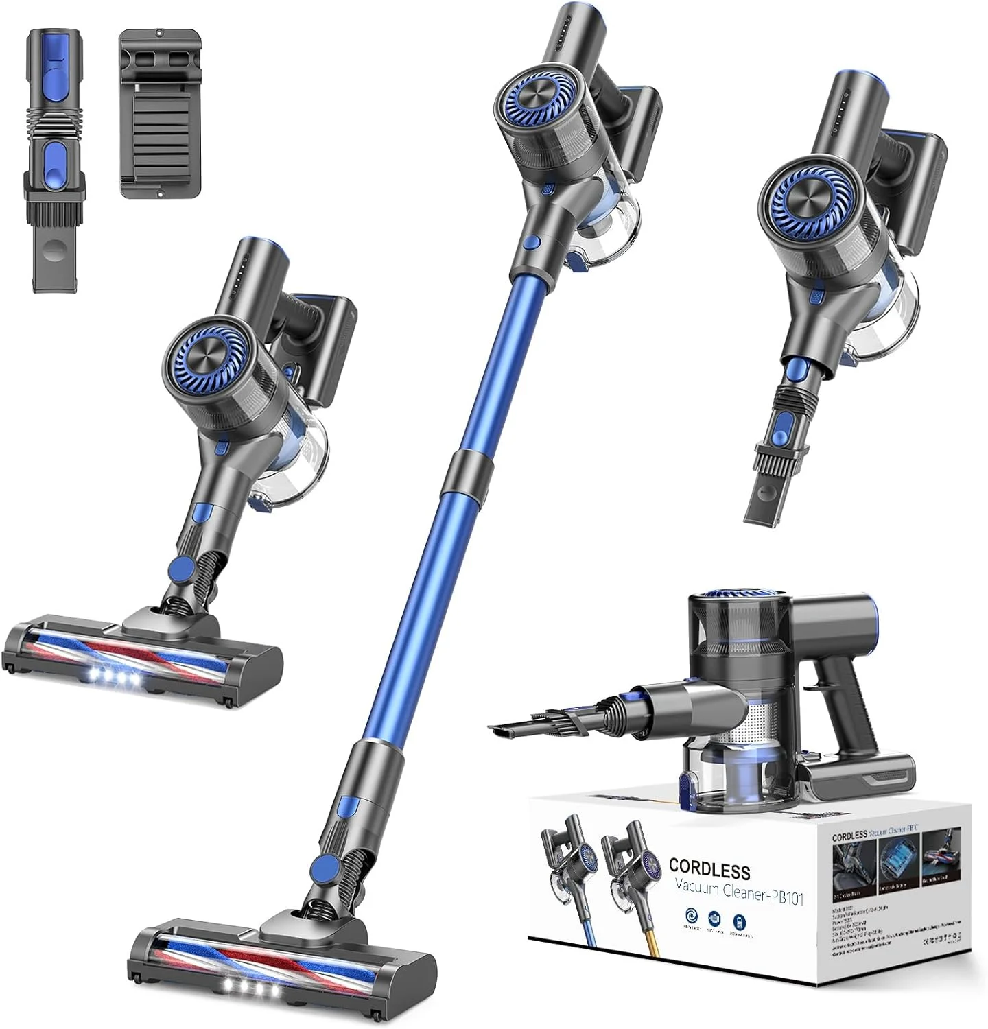 جاروبرقی شارژی، موتور 80000 دور در دقیقه و سیستم تصفیه قدرتمند، جاروبرقی عصایی با باتری 2200 میلی آمپر ساعت، 35 دقیقه زمان کار، 2 حالت، سری های چرخشی چندگانه، جاروبرقی با قابلیت تنظیم ارتفاع برای خانه (آبی تیره)