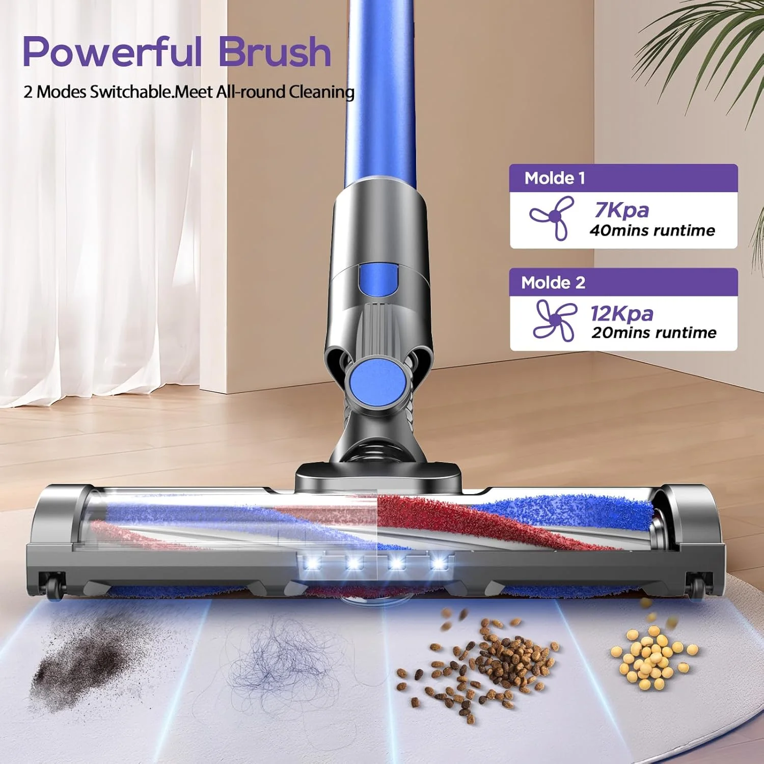 جاروبرقی شارژی، موتور 80000 دور در دقیقه و سیستم تصفیه قدرتمند، جاروبرقی عصایی با باتری 2200 میلی آمپر ساعت، 35 دقیقه زمان کار، 2 حالت، سری های چرخشی چندگانه، جاروبرقی با قابلیت تنظیم ارتفاع برای خانه (آبی تیره)