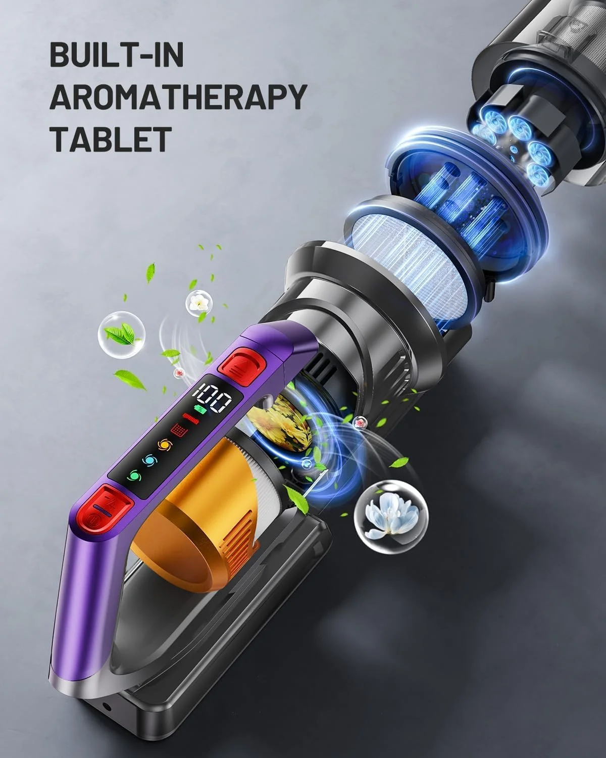 جاروبرقی شارژی، 580 وات 48KPA 60 دقیقه، جاروبرقی ایستاده با صفحه نمایش LED و رایحه درمانی، مناسب موی حیوانات خانگی، فرش و سطوح سخت