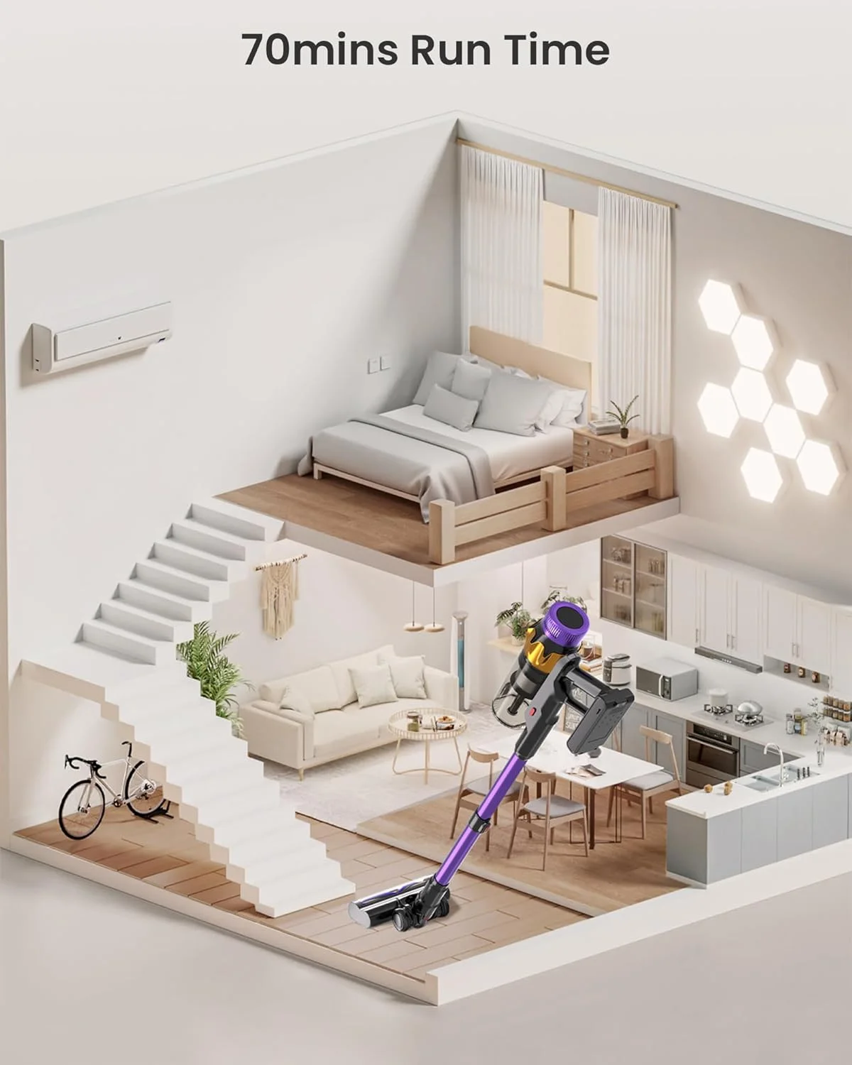 جاروبرقی شارژی، 580 وات 48KPA 70 دقیقه جاروبرقی برای خانه، جاروبرقی شارژی خودایستا با ایستگاه داک شارژ، نمایشگر LED، جاروبرقی عصایی ضد گره خوردگی ارتقا یافته برای موی حیوانات خانگی/فرش/کف