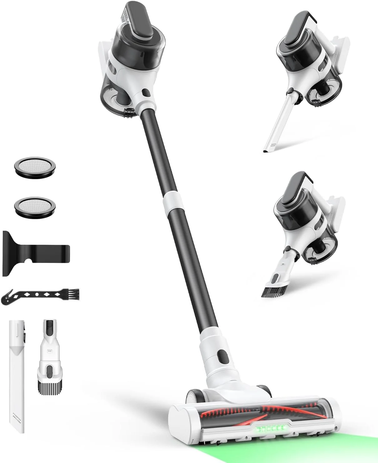 جاروبرقی عصایی شارژی برای منزل، جاروبرقی سبک و قابل شارژ با 55 دقیقه زمان کارکرد، مکش قدرتمند، چراغ جلو LED سبز، تمیز کننده فرش و کف سخت 9 در 1 برای موی حیوانات خانگی