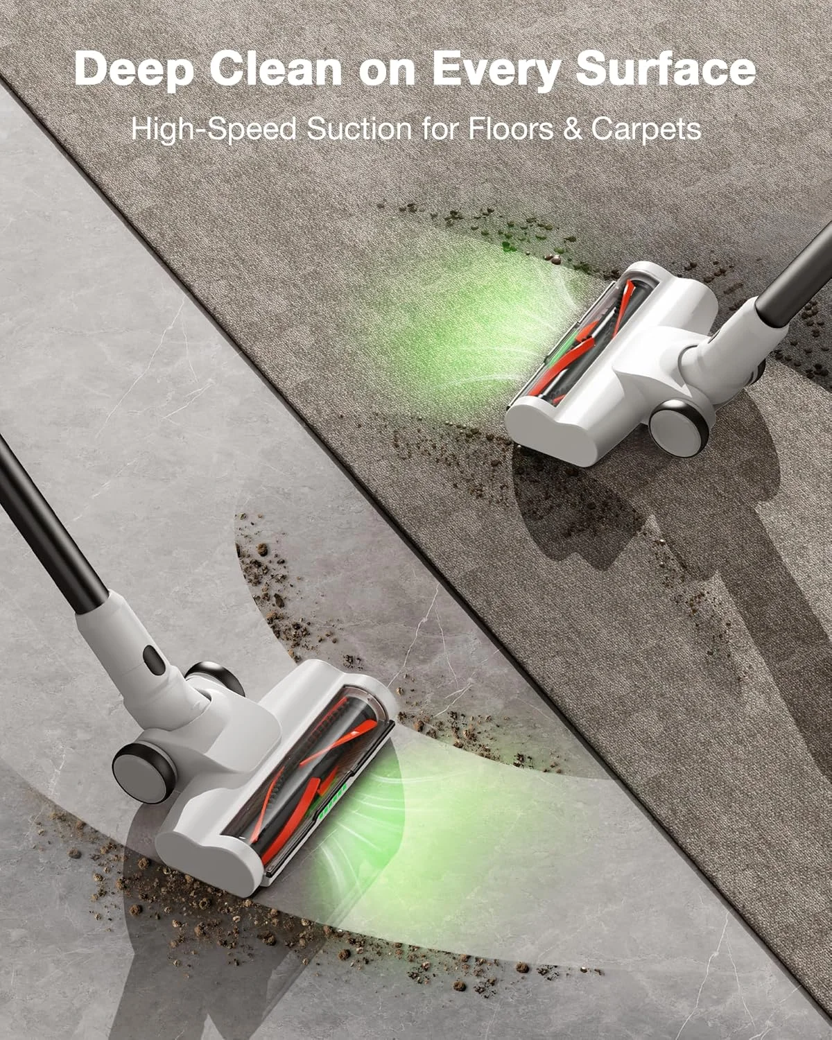 جاروبرقی عصایی شارژی برای منزل، جاروبرقی سبک و قابل شارژ با 55 دقیقه زمان کارکرد، مکش قدرتمند، چراغ جلو LED سبز، تمیز کننده فرش و کف سخت 9 در 1 برای موی حیوانات خانگی