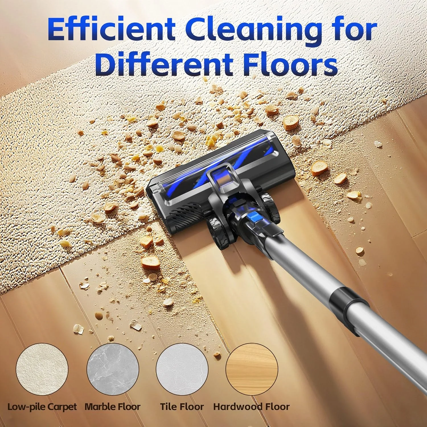 جاروبرقی شارژی برای منزل، جاروبرقی عصایی سبک وزن با مکش قدرتمند 45Kpa، باتری قابل شارژ تا 50 دقیقه، جاروبرقی دستی برای فرش، موی حیوانات خانگی، کف های چوبی - آبی