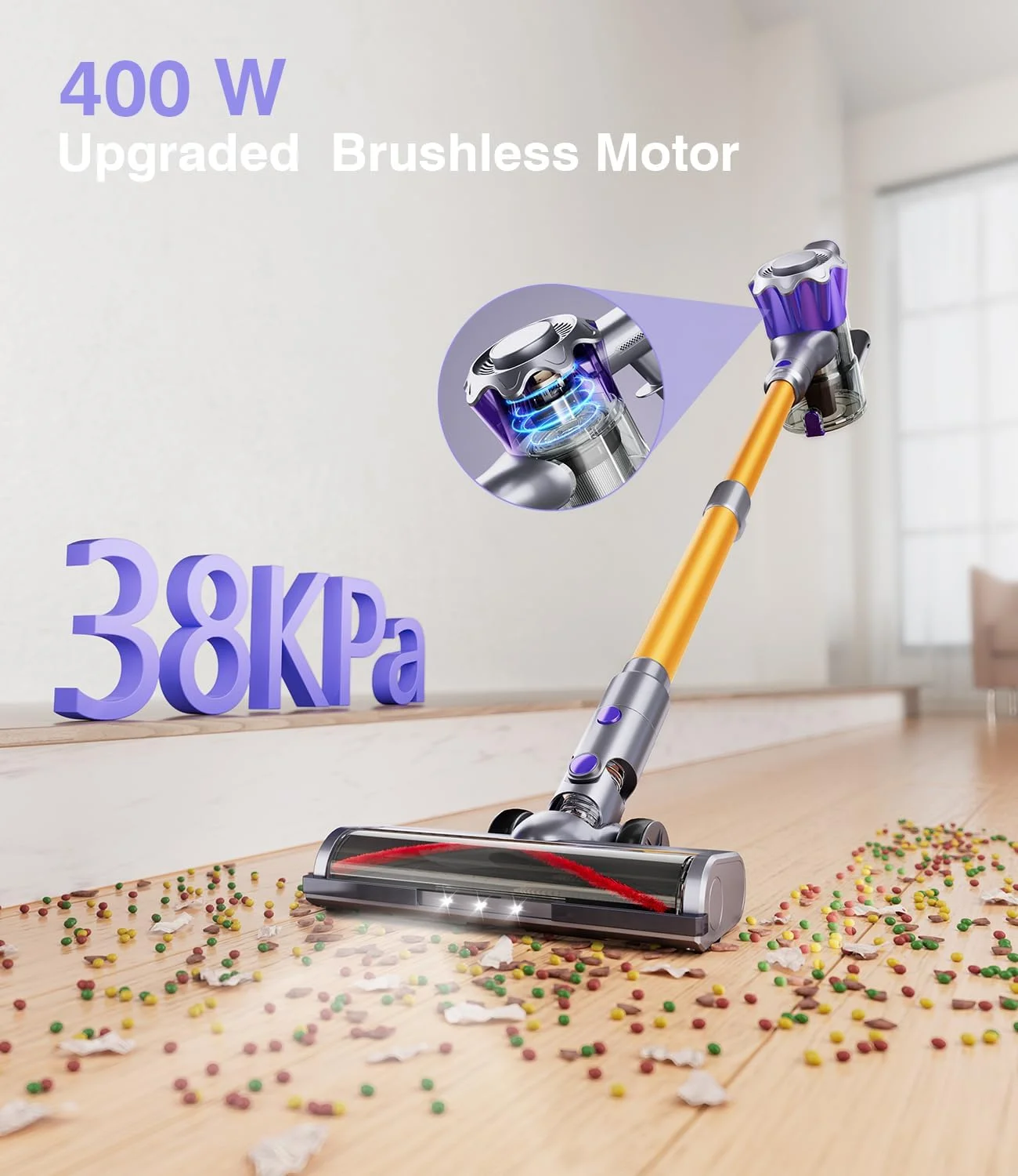 جاروبرقی شارژی، جاروبرقی عصایی قدرتمند 400 واتی 38 کیلو پاسکال، باتری قابل شارژ تا 50 دقیقه، جاروبرقی سبک وزن و بدون گره خوردگی برای کف چوبی، فرش و موی حیوانات خانگی