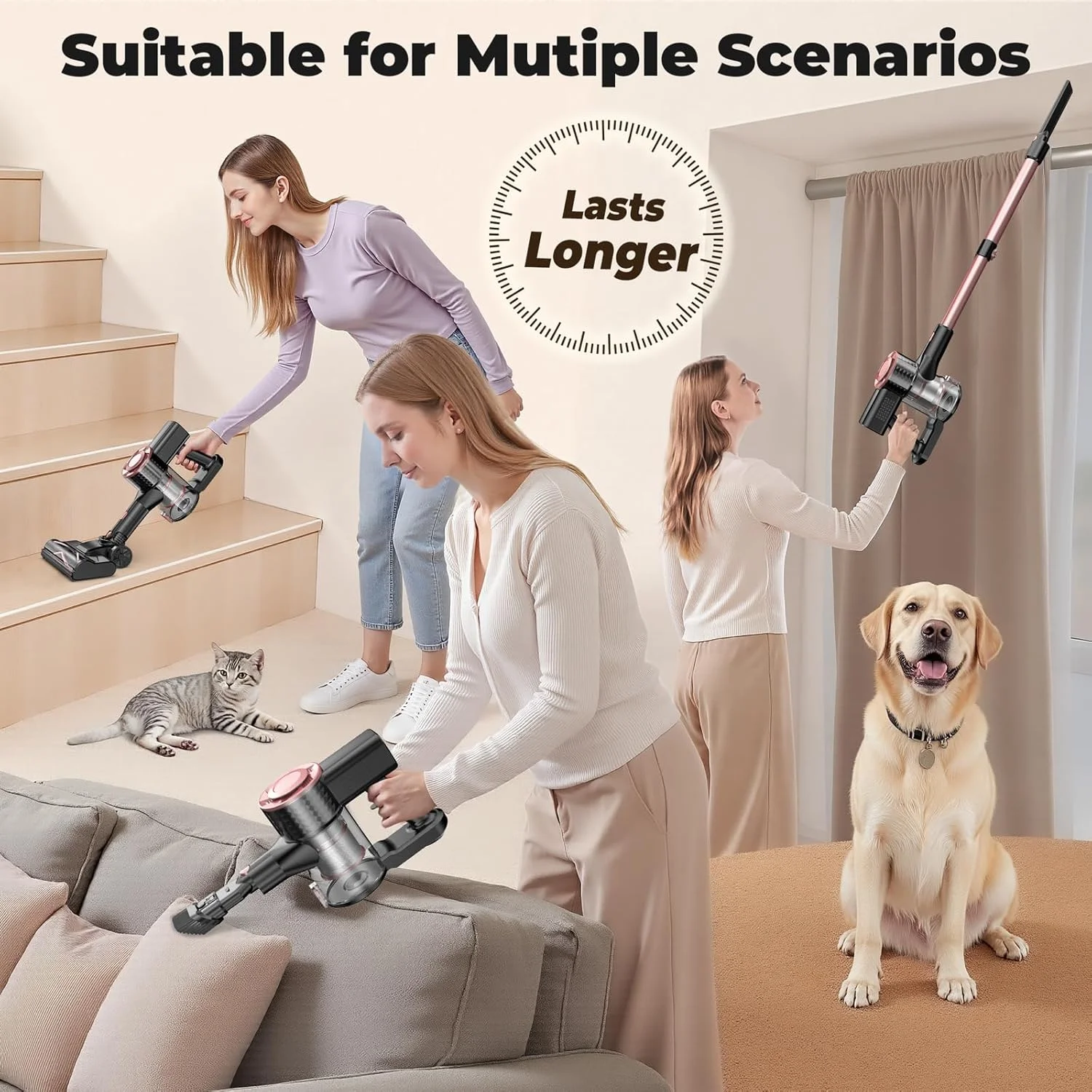 جاروبرقی عصایی شارژی، جاروبرقی سبک وزن و قدرتمند با قابلیت ایستادن خودکار، ضد گره خوردگی، 8 در 1 مناسب خانه، کف های چوبی، فرش، موی حیوانات خانگی (صورتی)