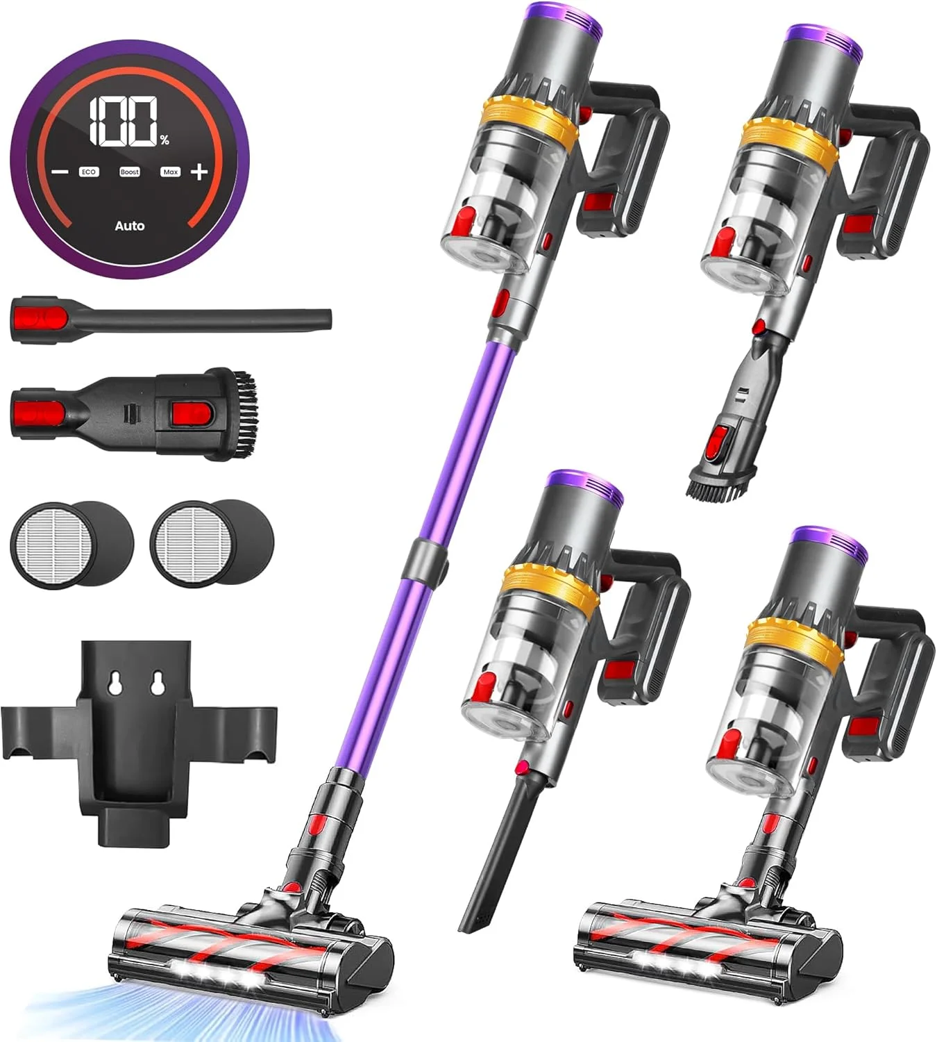 جاروبرقی شارژی 45KPa/550W با زمان کارکرد تا 90 دقیقه | جاروبرقی عصایی قدرتمند RFAQK با 2 فیلتر HEPA - قابل نصب روی دیوار - صفحه لمسی - برس ضد گره خوردگی برای کف، فرش و موی حیوانات خانگی