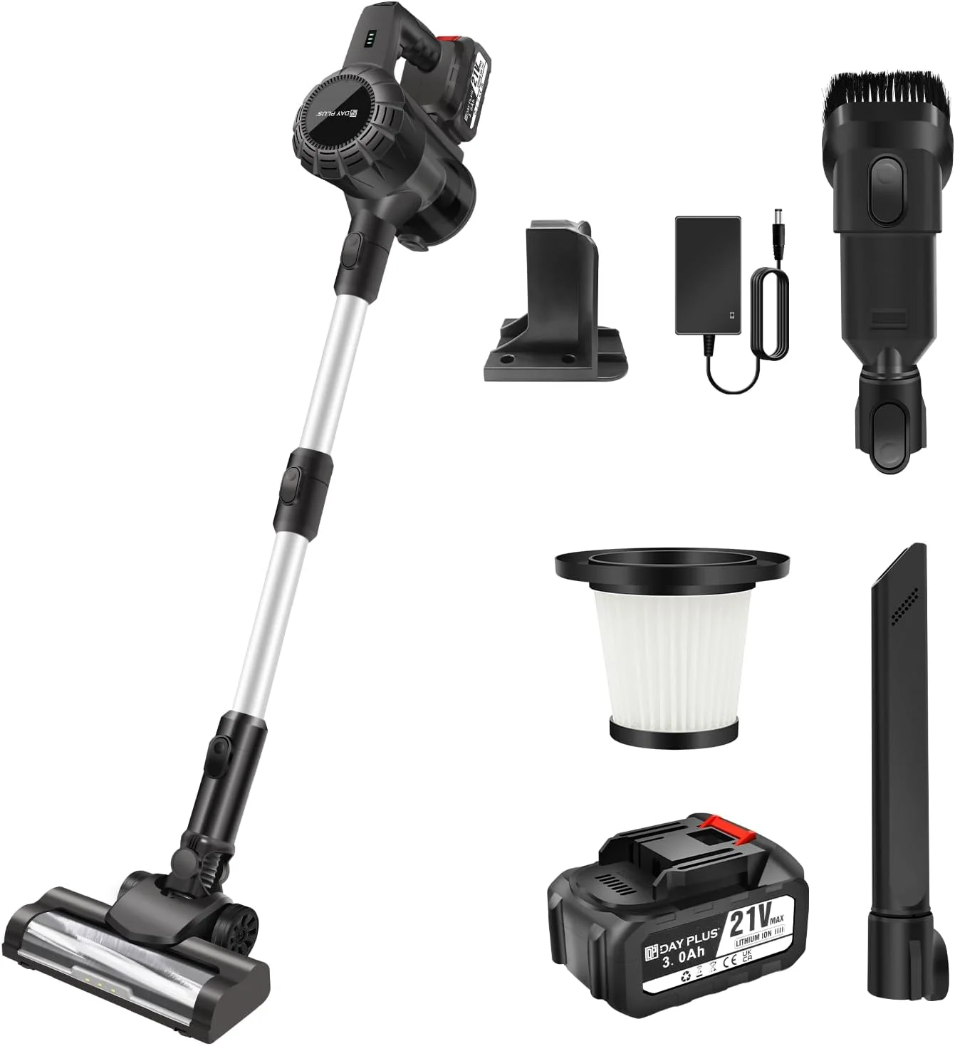 جاروبرقی Dayplus، جاروبرقی عصایی دستی بی‌سیم برای کف سخت، فرش، تمیز کردن موی حیوانات خانگی، با چراغ LED، حداکثر زمان کارکرد 45 دقیقه، فیلتر HEPA 3000mAh