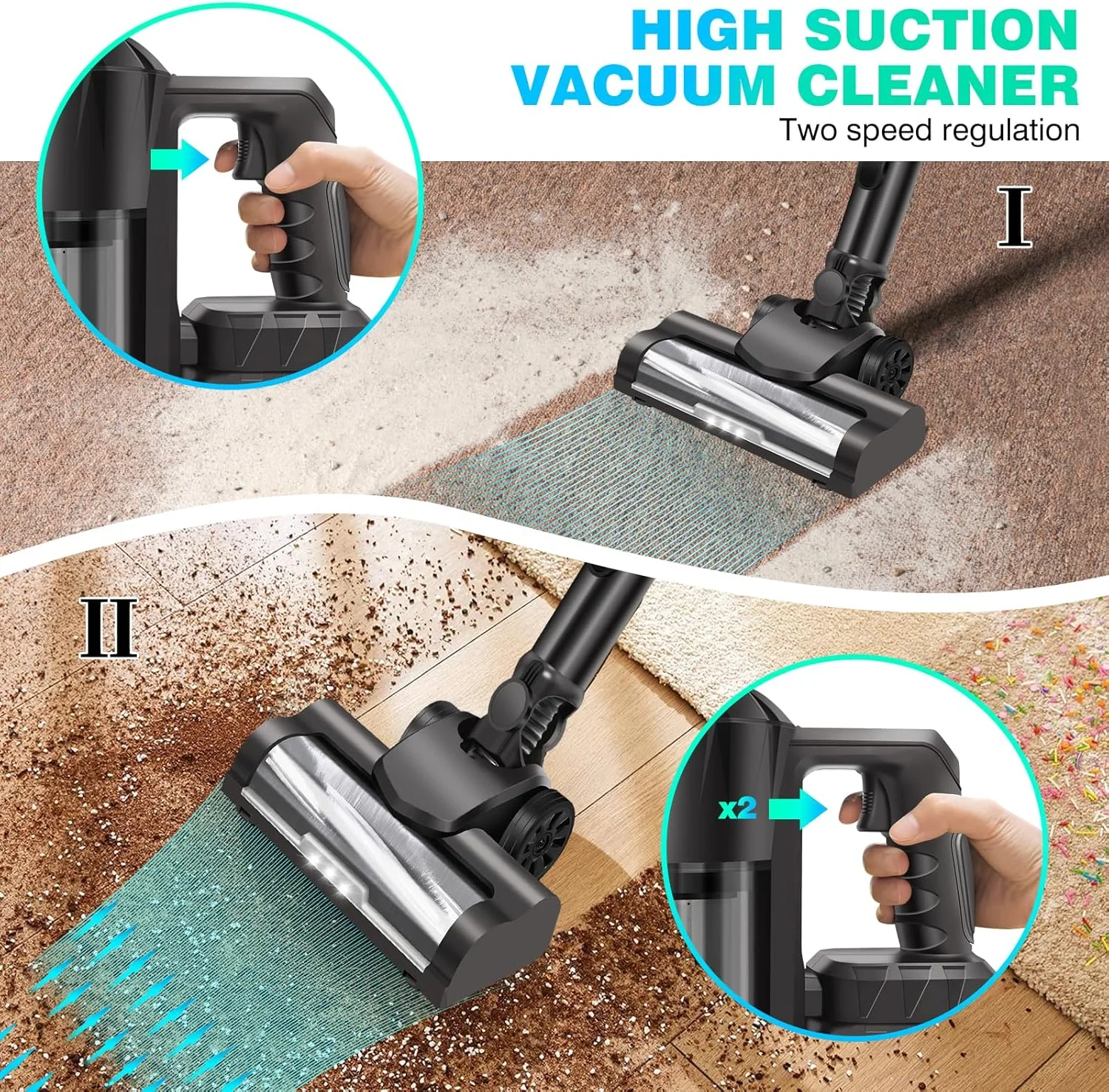 جاروبرقی Dayplus، جاروبرقی عصایی دستی بی‌سیم برای کف سخت، فرش، تمیز کردن موی حیوانات خانگی، با چراغ LED، حداکثر زمان کارکرد 45 دقیقه، فیلتر HEPA 3000mAh