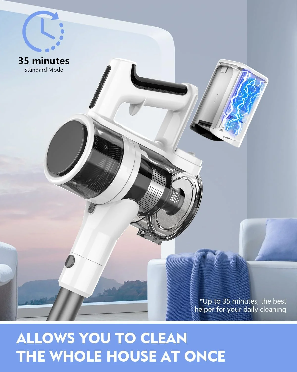 جاروبرقی شارژی، جاروبرقی موتور قدرتمند 80000PRM و باتری قابل شارژ 2200mAH با زمان کارکرد تا 35 دقیقه، 2 حالت قابل تنظیم، قطعات جداشدنی، جاروبرقی عصایی بی سیم (سفید واقعی)