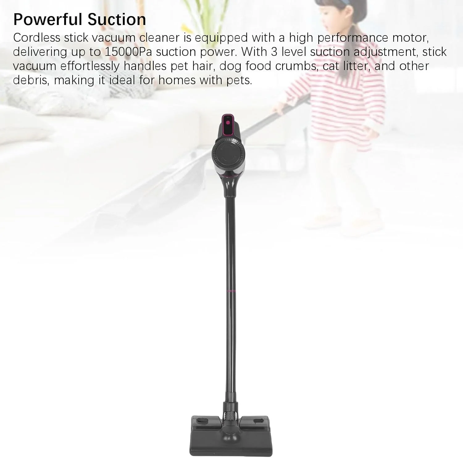 جاروبرقی شارژی، جاروبرقی عصایی با باتری قابل شارژ 2000 میلی آمپر ساعتی و مکش قدرتمند 15000 پاسکال، جاروهای برقی چند منظوره برای فرش، کف سخت و موی حیوانات خانگی - خاکستری