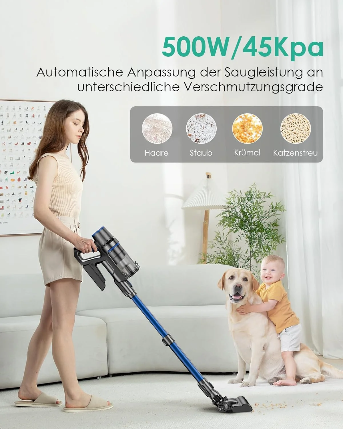 جاروبرقی باتری دار با عملکرد تی کشی، 45000 پاسکال/550 وات/60 دقیقه جاروبرقی بی سیم با موتور براشلس و صفحه نمایش لمسی LED، تی سطلی خودایستا برای کف های سخت، فرش و موی حیوانات خانگی