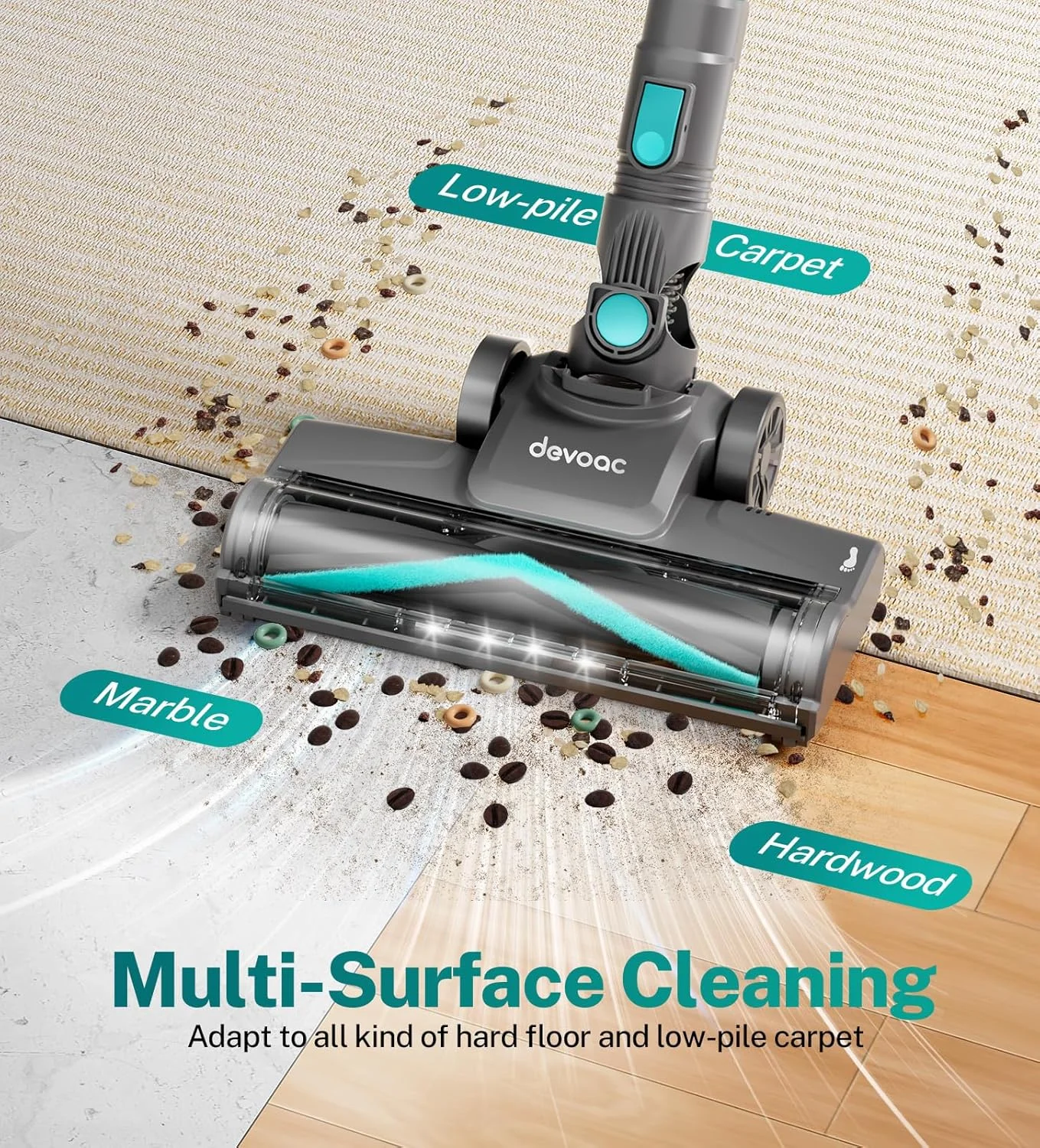 جاروبرقی شارژی DEVOAC، جاروبرقی عصایی فوق سبک 6 در 1، باتری 2200 میلی آمپر ساعتی تا 40 دقیقه زمان کار، جاروبرقی دستی قدرتمند برای موی حیوانات خانگی، فرش، کف سخت و خانه