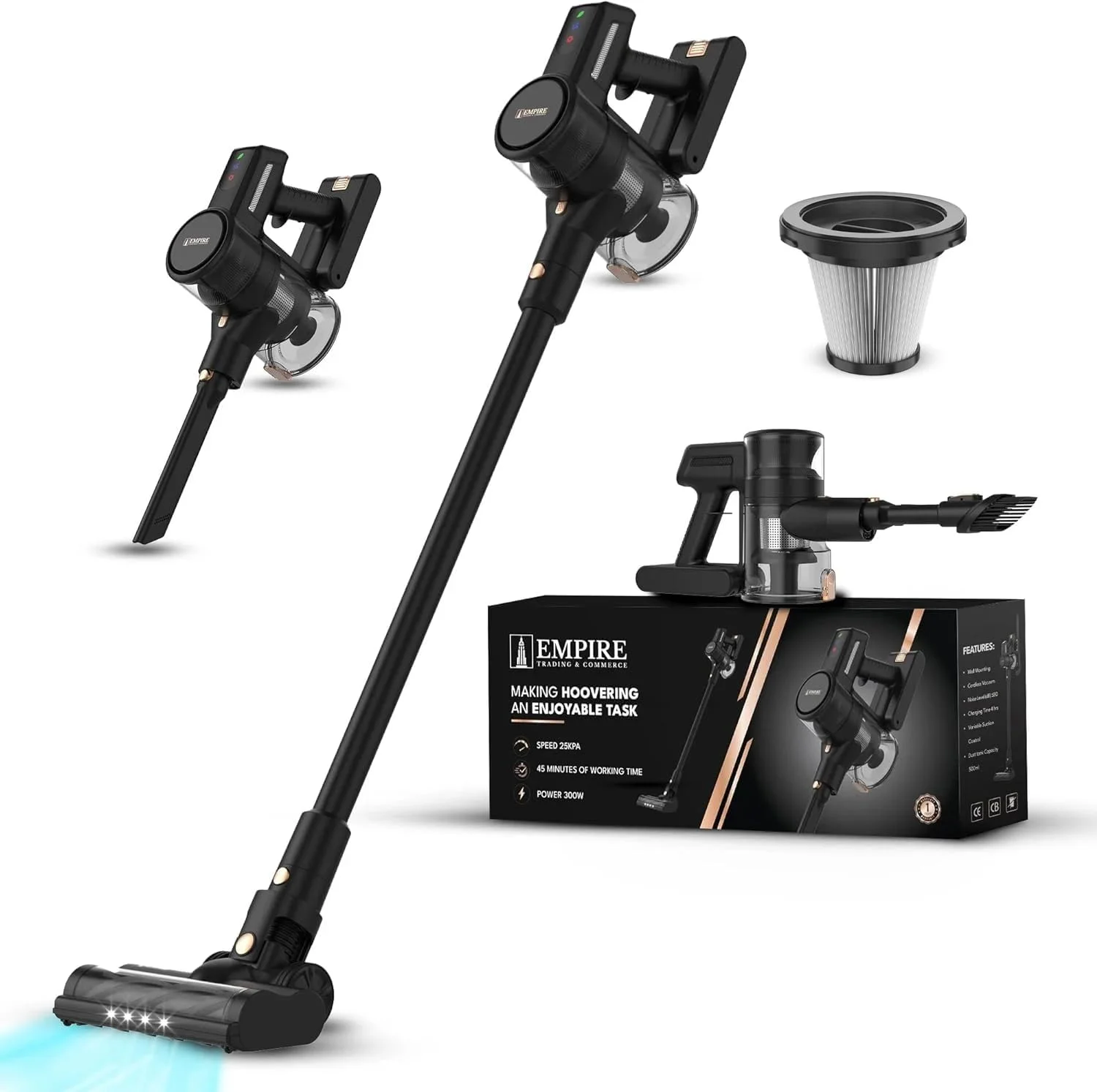 جاروبرقی عصایی بی‌سیم Empire 25Kpa - جاروبرقی سبک وزن 6 در 1 با مکش قدرتمند موتور براشلس 300 واتی، 3 حالت قدرت، زمان کارکرد تا 45 دقیقه