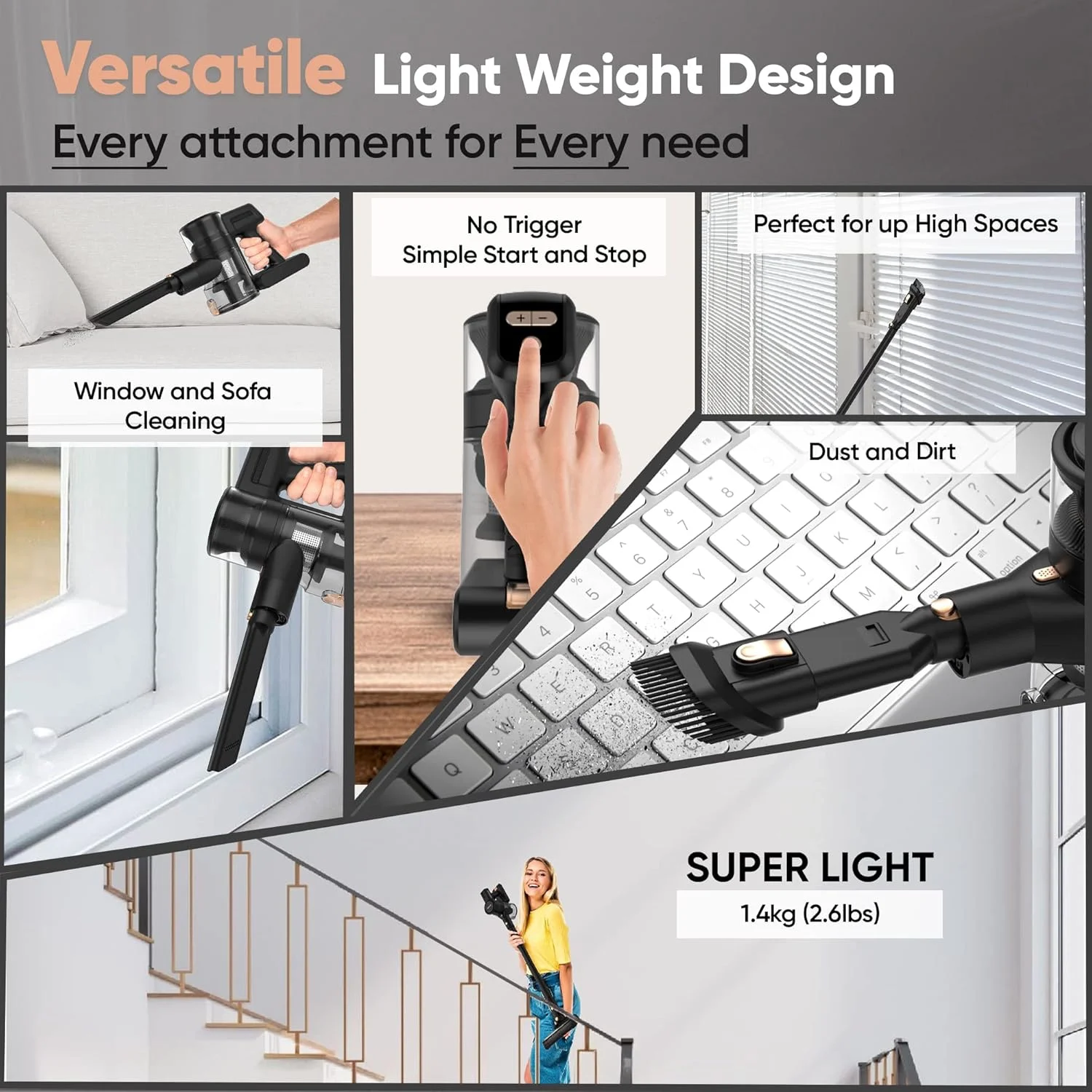 جاروبرقی عصایی بی‌سیم Empire 25Kpa - جاروبرقی سبک وزن 6 در 1 با مکش قدرتمند موتور براشلس 300 واتی، 3 حالت قدرت، زمان کارکرد تا 45 دقیقه